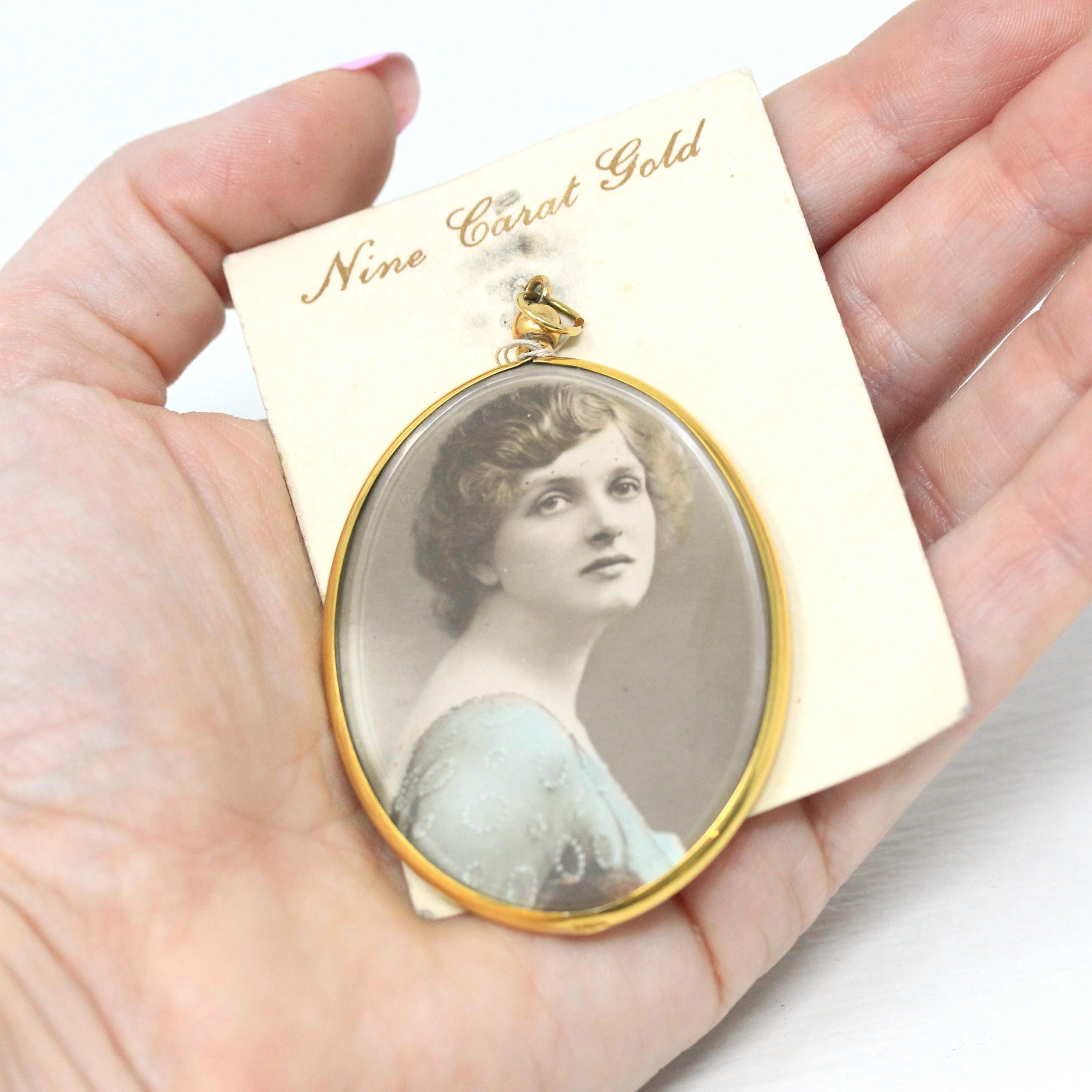Antique Locket Fob - Edwardian Era 9K Yellow Gold Oval Glass Pendant Necklace - Vintage Memory Photo Portrait Keepsake Charm Fine Jewelry