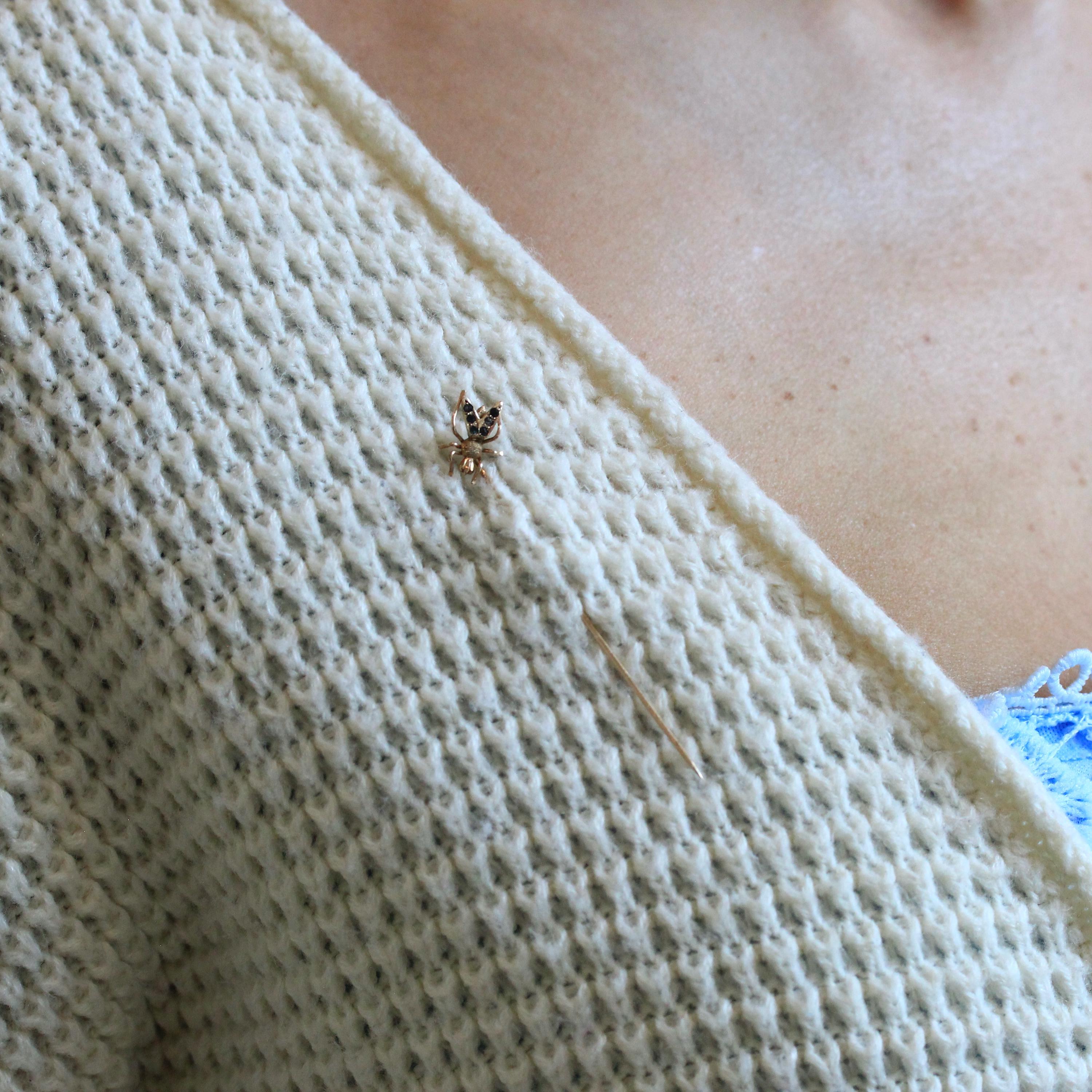 Vintage Fly Stick Pin - Antique 10k Yellow Gold Rhinestones Bug Brooch - Edwardian 1900s Hat Fashion Accessory Dainty Insect Fine Jewelry