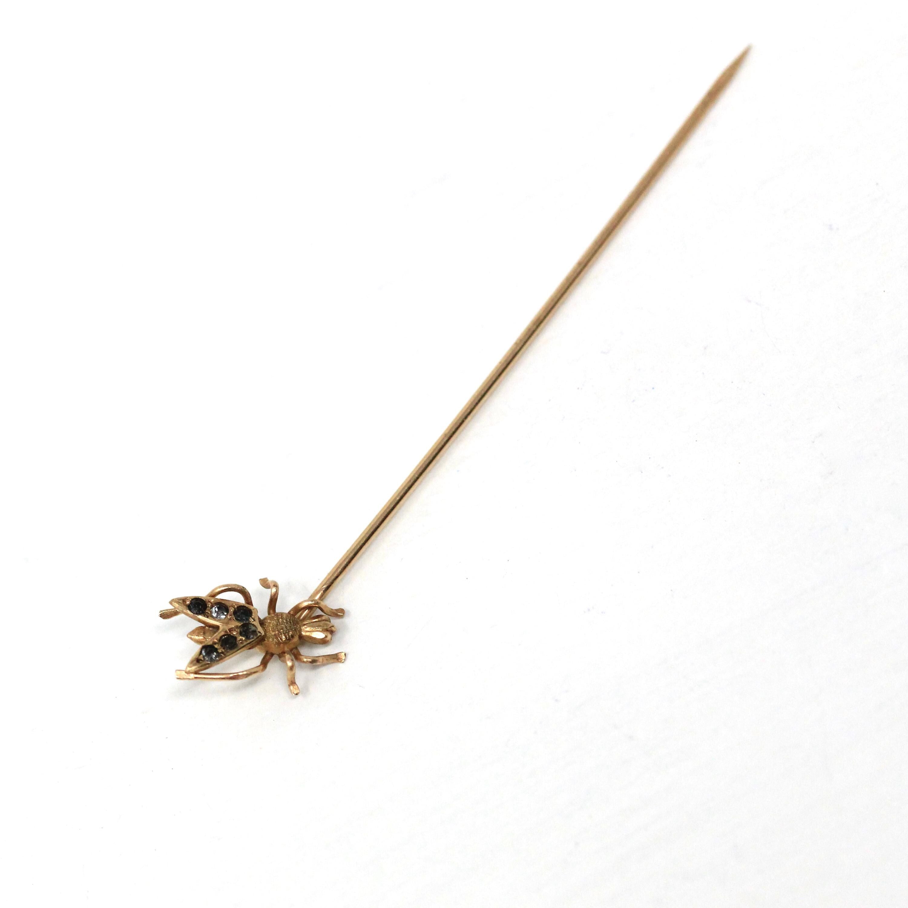 Vintage Fly Stick Pin - Antique 10k Yellow Gold Rhinestones Bug Brooch - Edwardian 1900s Hat Fashion Accessory Dainty Insect Fine Jewelry