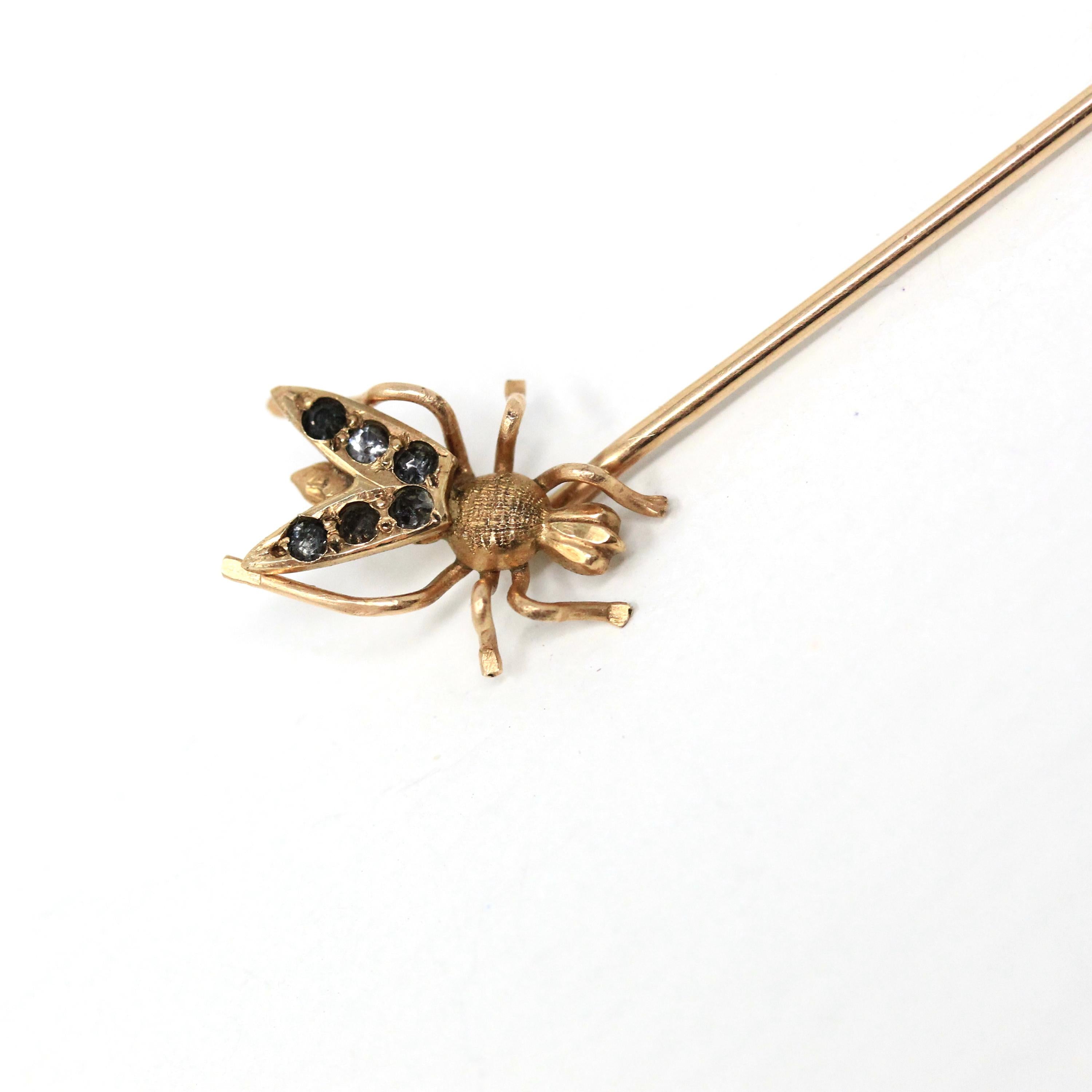 Vintage Fly Stick Pin - Antique 10k Yellow Gold Rhinestones Bug Brooch - Edwardian 1900s Hat Fashion Accessory Dainty Insect Fine Jewelry