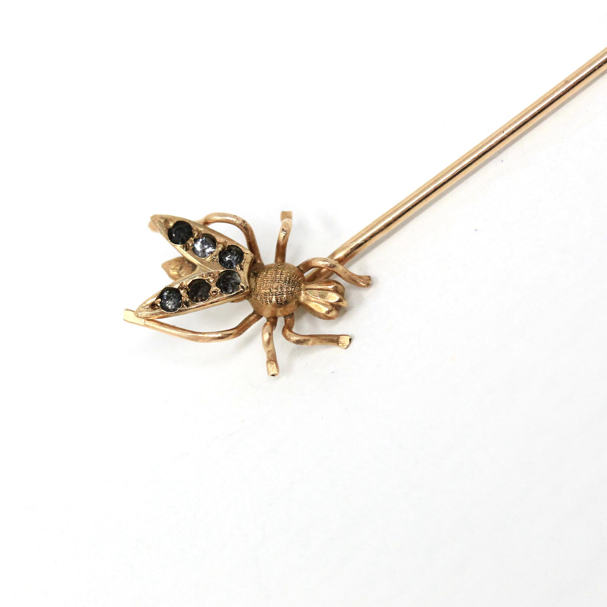 Vintage Fly Stick Pin - Antique 10k Yellow Gold Rhinestones Bug Brooch - Edwardian 1900s Hat Fashion Accessory Dainty Insect Fine Jewelry