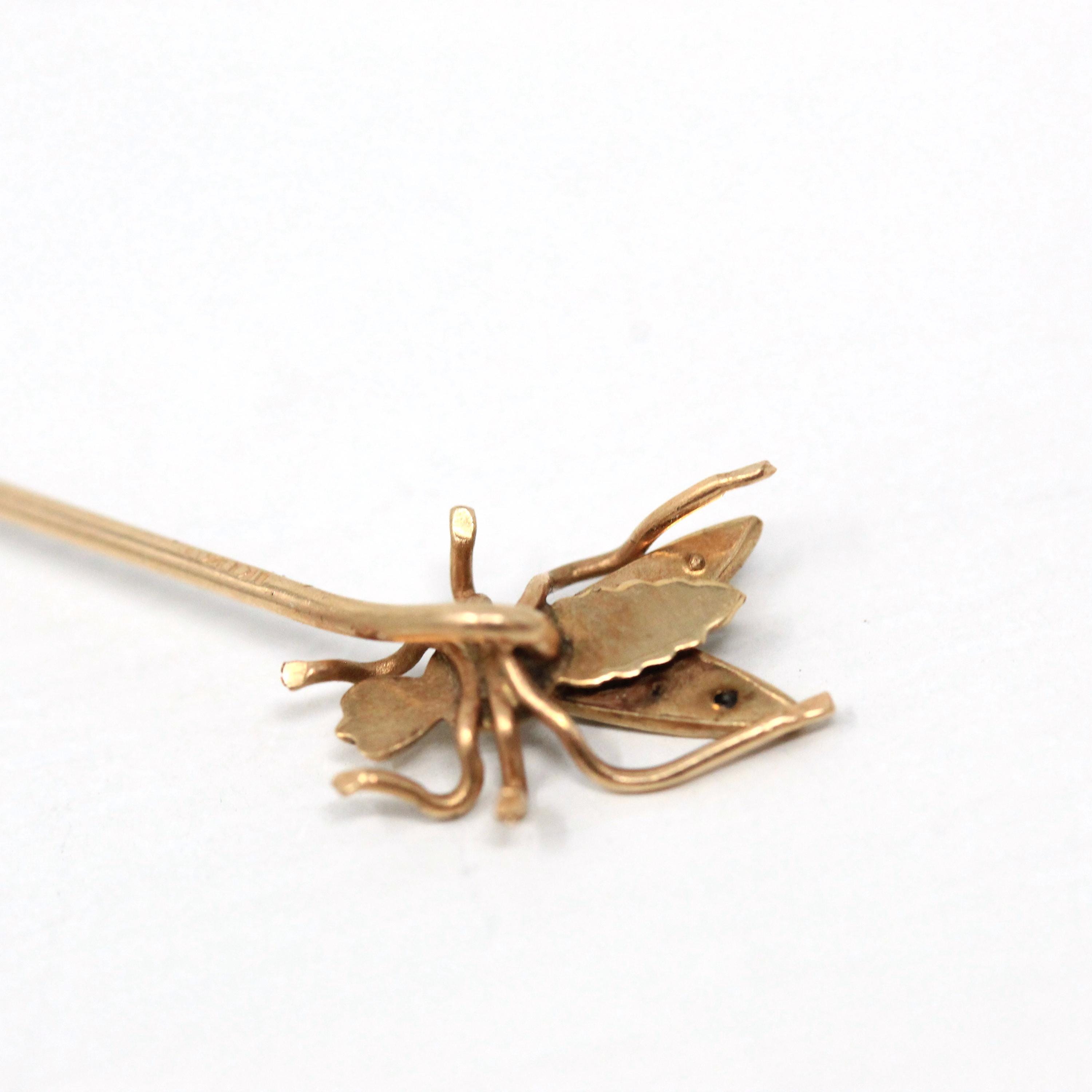 Vintage Fly Stick Pin - Antique 10k Yellow Gold Rhinestones Bug Brooch - Edwardian 1900s Hat Fashion Accessory Dainty Insect Fine Jewelry