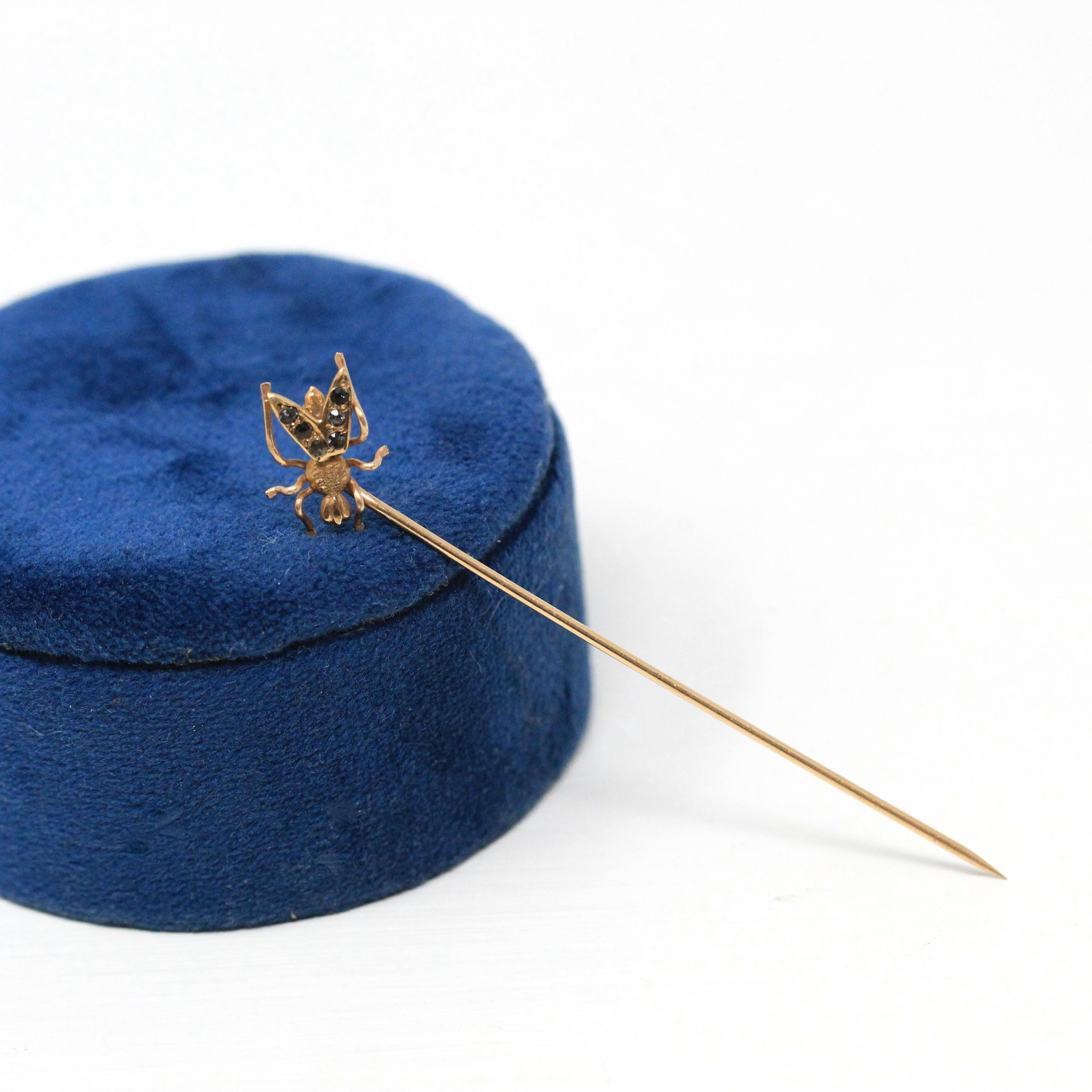Vintage Fly Stick Pin - Antique 10k Yellow Gold Rhinestones Bug Brooch - Edwardian 1900s Hat Fashion Accessory Dainty Insect Fine Jewelry