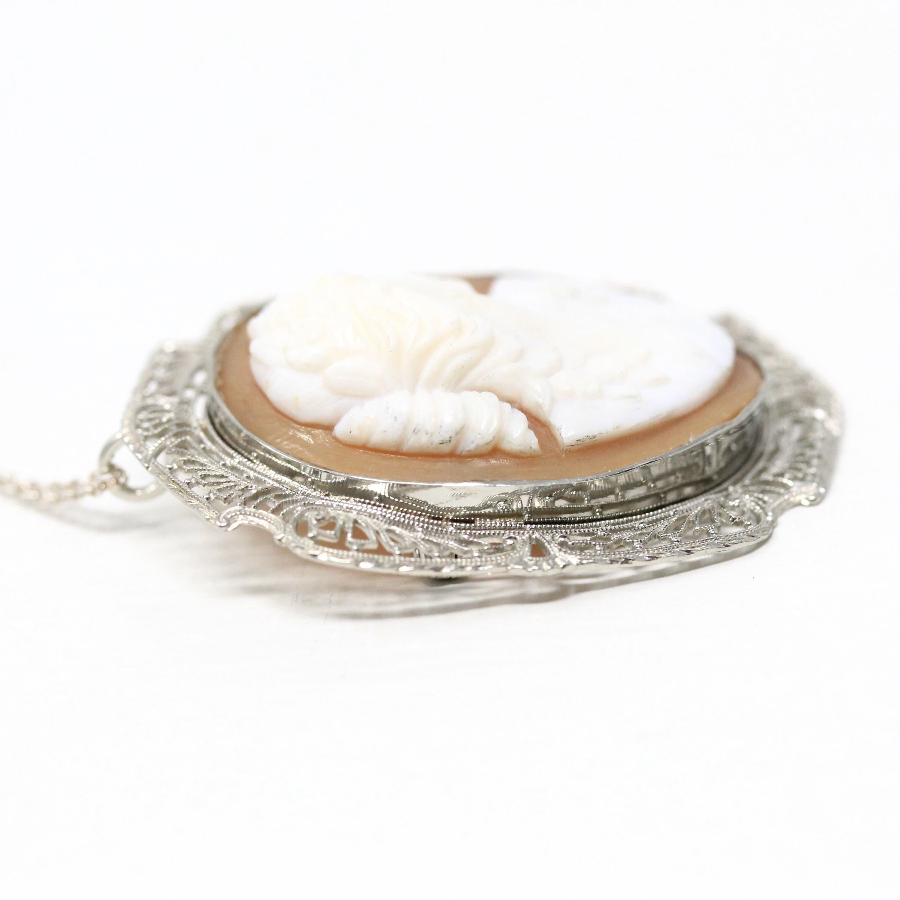 Vintage Cameo Pendant - Art Deco Era 10k White Gold Carved Shell Convertible Brooch Necklace - Circa 1930s Leaf Filigree Fine Pin Jewelry