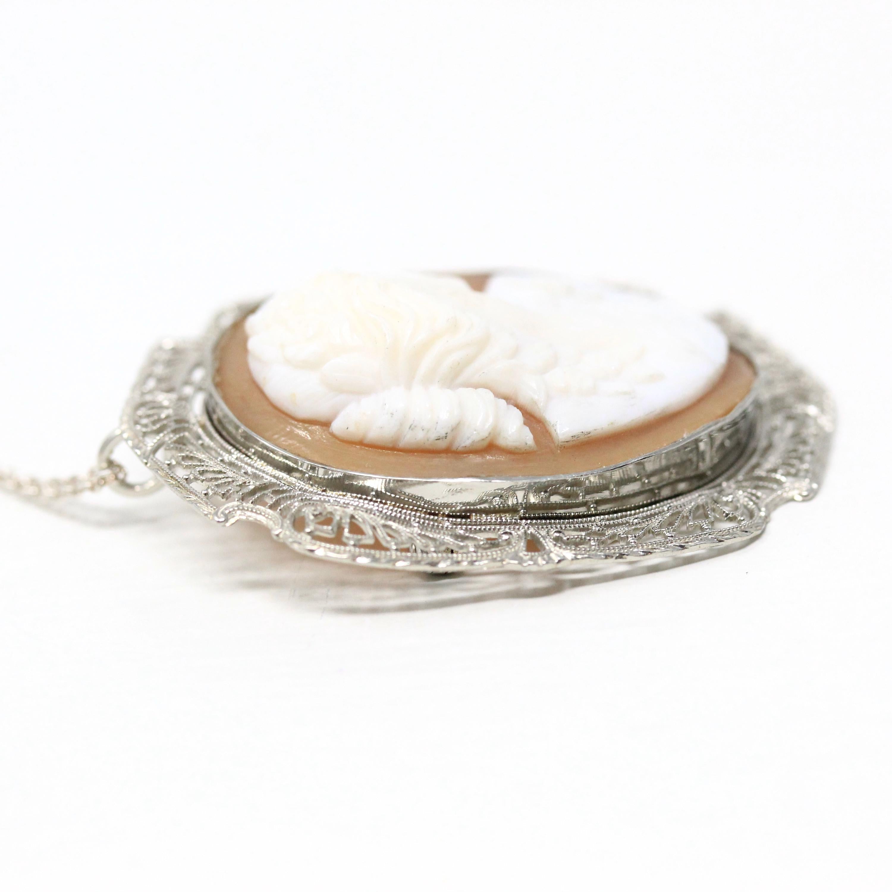Vintage Cameo Pendant - Art Deco Era 10k White Gold Carved Shell Convertible Brooch Necklace - Circa 1930s Leaf Filigree Fine Pin Jewelry