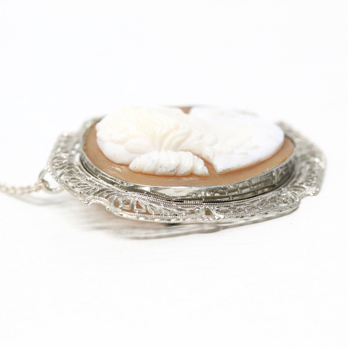 Vintage Cameo Pendant - Art Deco Era 10k White Gold Carved Shell Convertible Brooch Necklace - Circa 1930s Leaf Filigree Fine Pin Jewelry