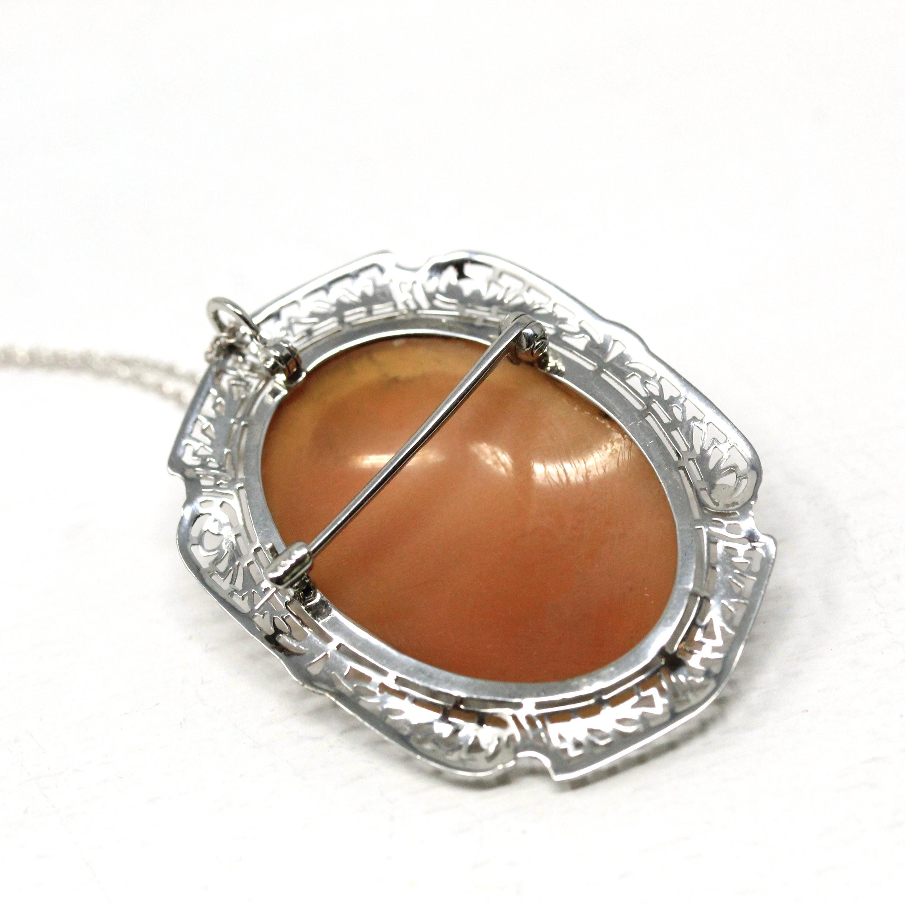 Vintage Cameo Pendant - Art Deco Era 10k White Gold Carved Shell Convertible Brooch Necklace - Circa 1930s Leaf Filigree Fine Pin Jewelry
