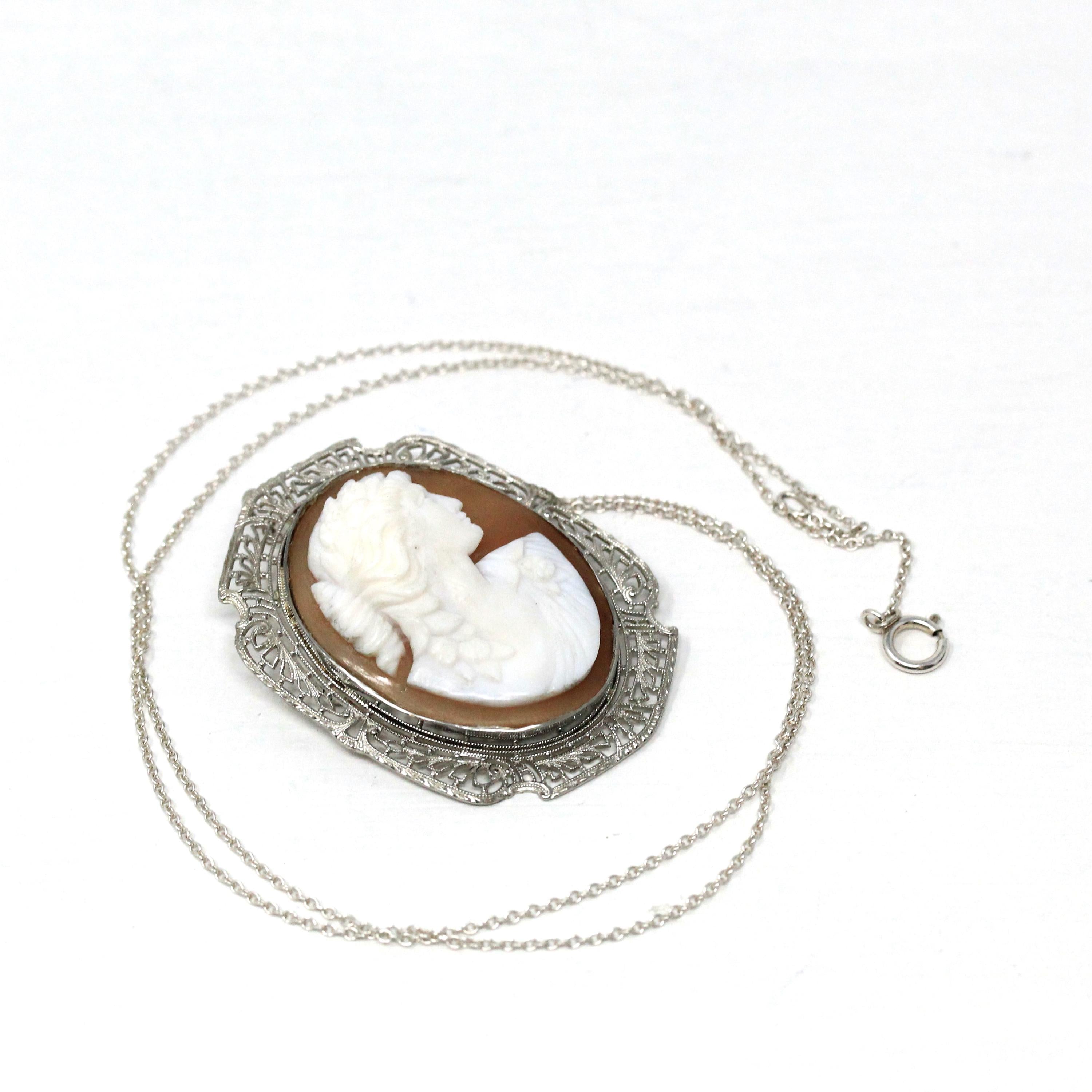 Vintage Cameo Pendant - Art Deco Era 10k White Gold Carved Shell Convertible Brooch Necklace - Circa 1930s Leaf Filigree Fine Pin Jewelry