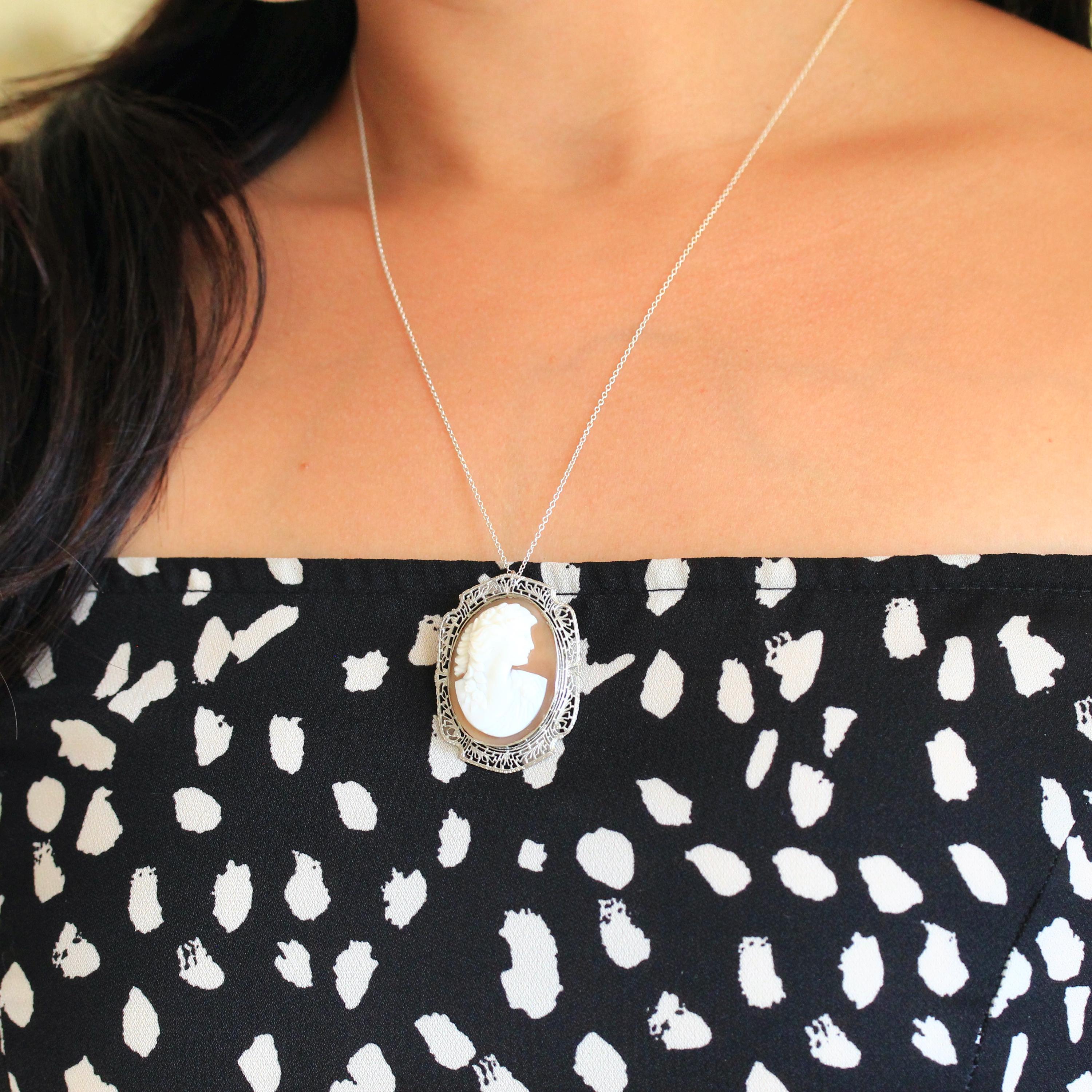 Vintage Cameo Pendant - Art Deco Era 10k White Gold Carved Shell Convertible Brooch Necklace - Circa 1930s Leaf Filigree Fine Pin Jewelry