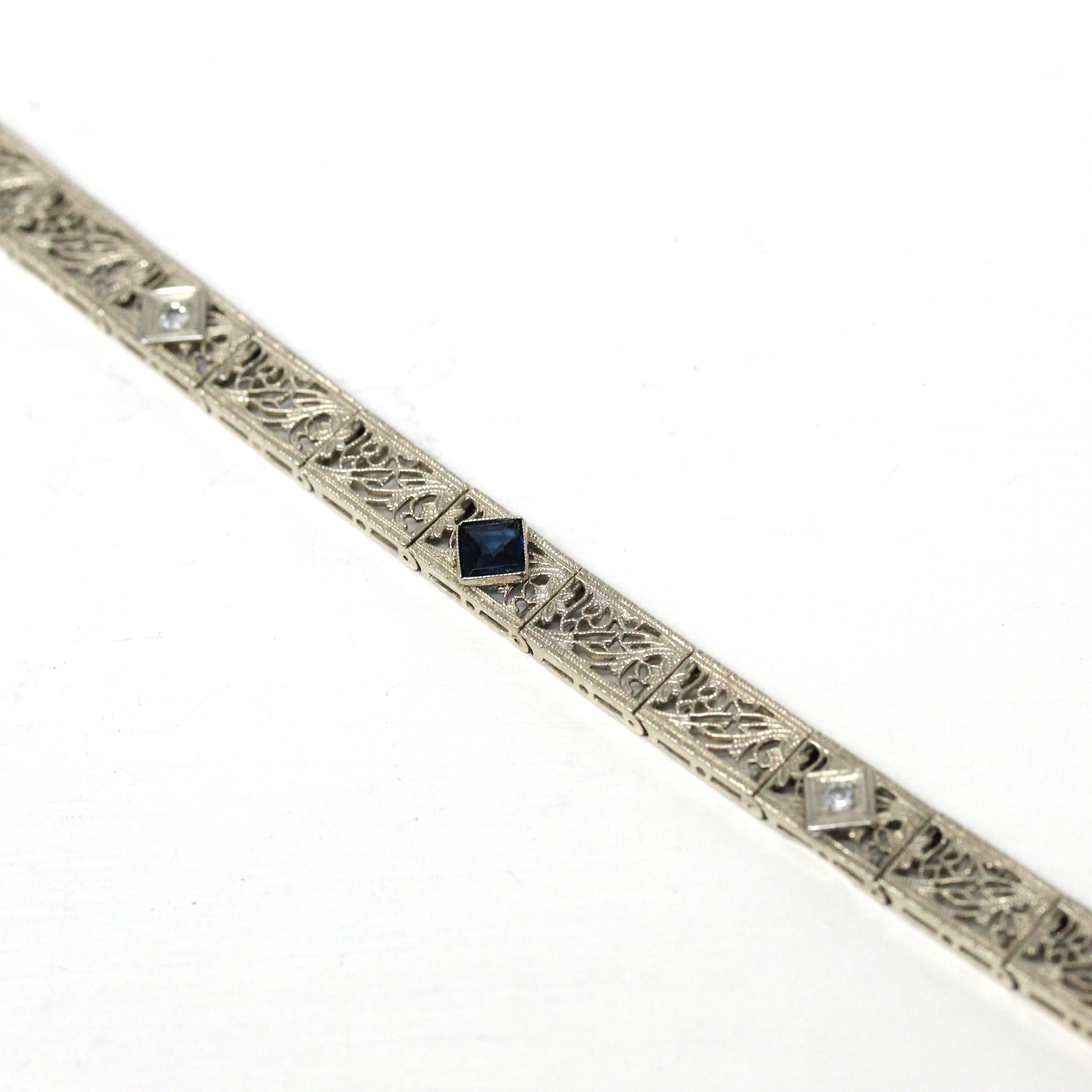 Art Deco Bracelet - Vintage 14k White Gold Filigree Genuine Diamond Gemstones - Vintage Circa 1930s Simulated Sapphire Tennis Fine Jewelry