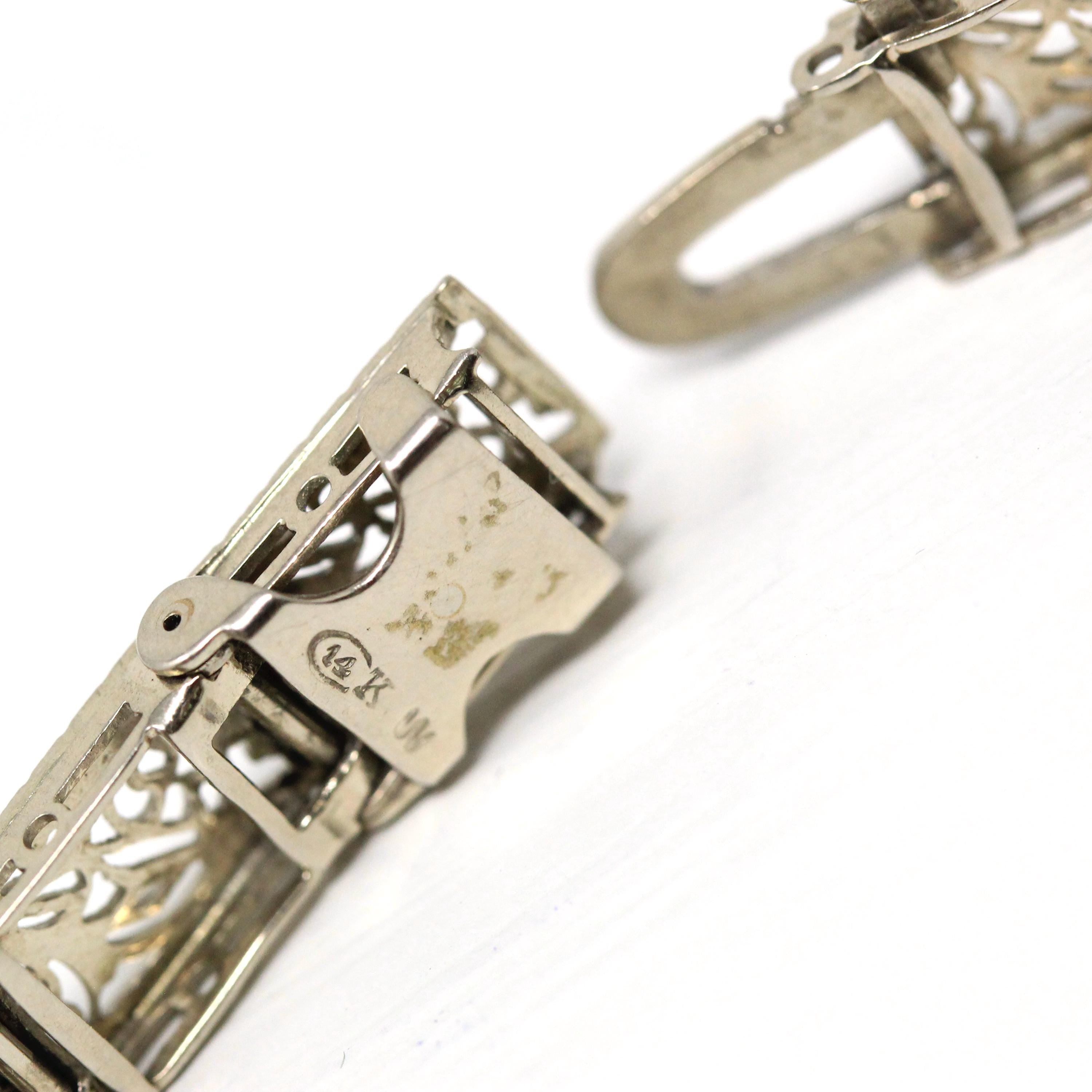 Art Deco Bracelet - Vintage 14k White Gold Filigree Genuine Diamond Gemstones - Vintage Circa 1930s Simulated Sapphire Tennis Fine Jewelry