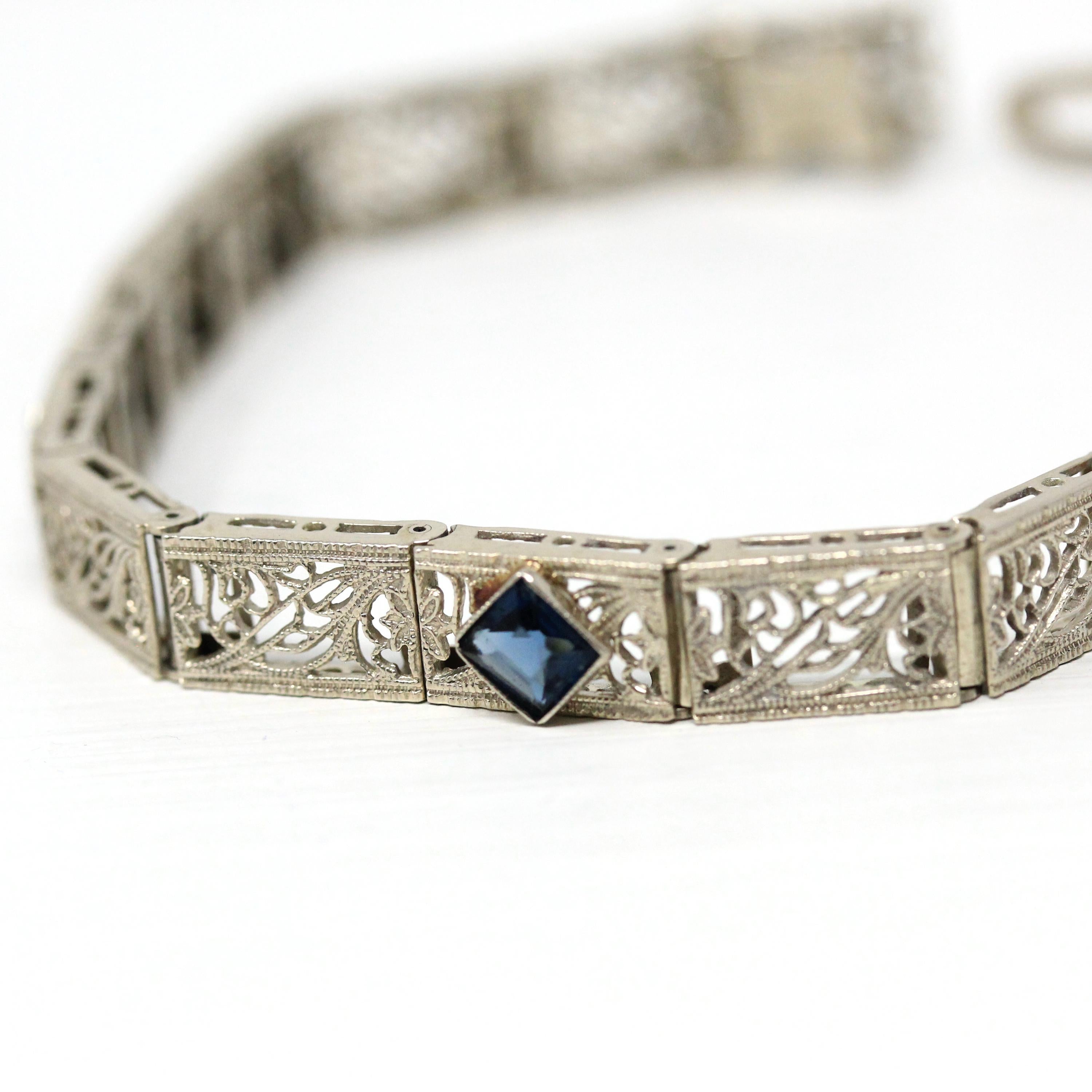 Art Deco Bracelet - Vintage 14k White Gold Filigree Genuine Diamond Gemstones - Vintage Circa 1930s Simulated Sapphire Tennis Fine Jewelry