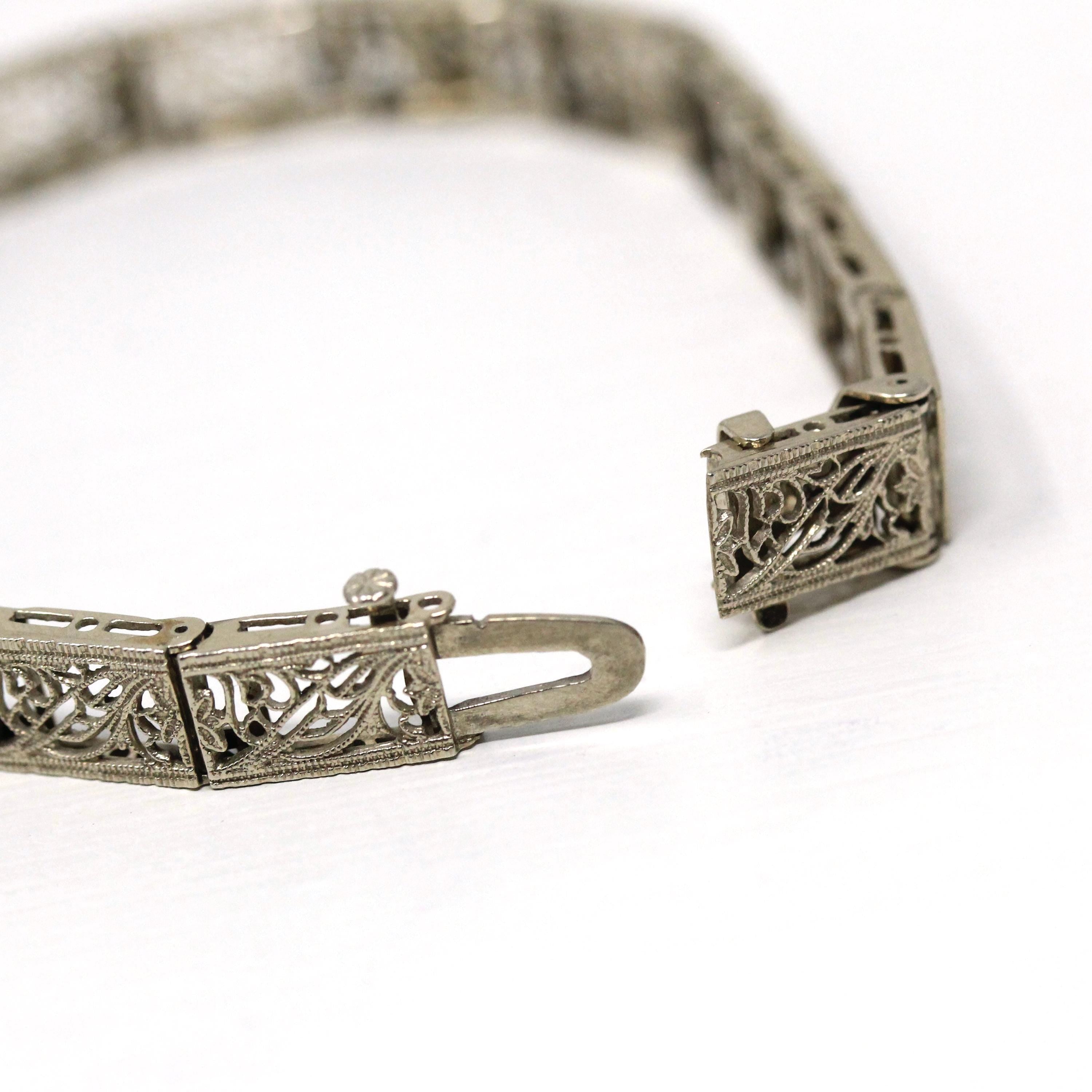 Art Deco Bracelet - Vintage 14k White Gold Filigree Genuine Diamond Gemstones - Vintage Circa 1930s Simulated Sapphire Tennis Fine Jewelry