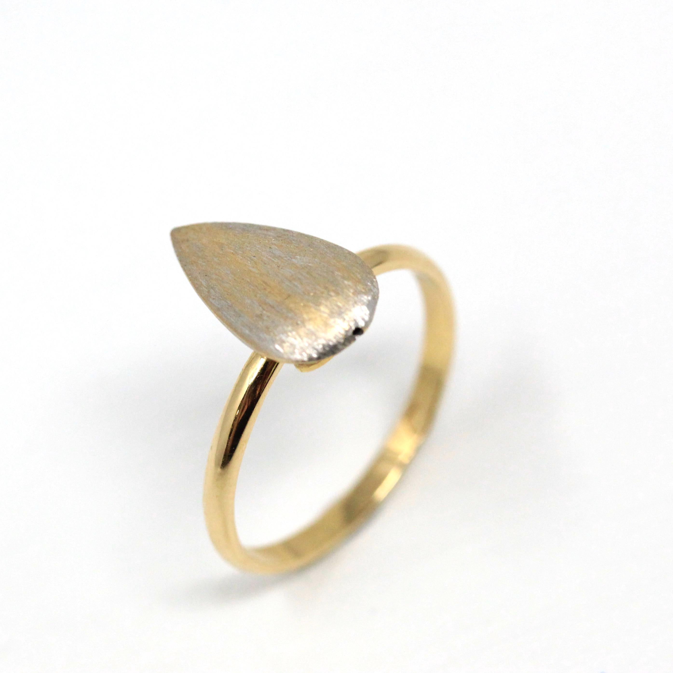 Modern Teardrop Ring - Estate 18k Gold Yellow White Two Tone Textured Pear Band - Circa 2010 Size 6 1/2 Stacking Dainty Lazurde Fine Jewelry
