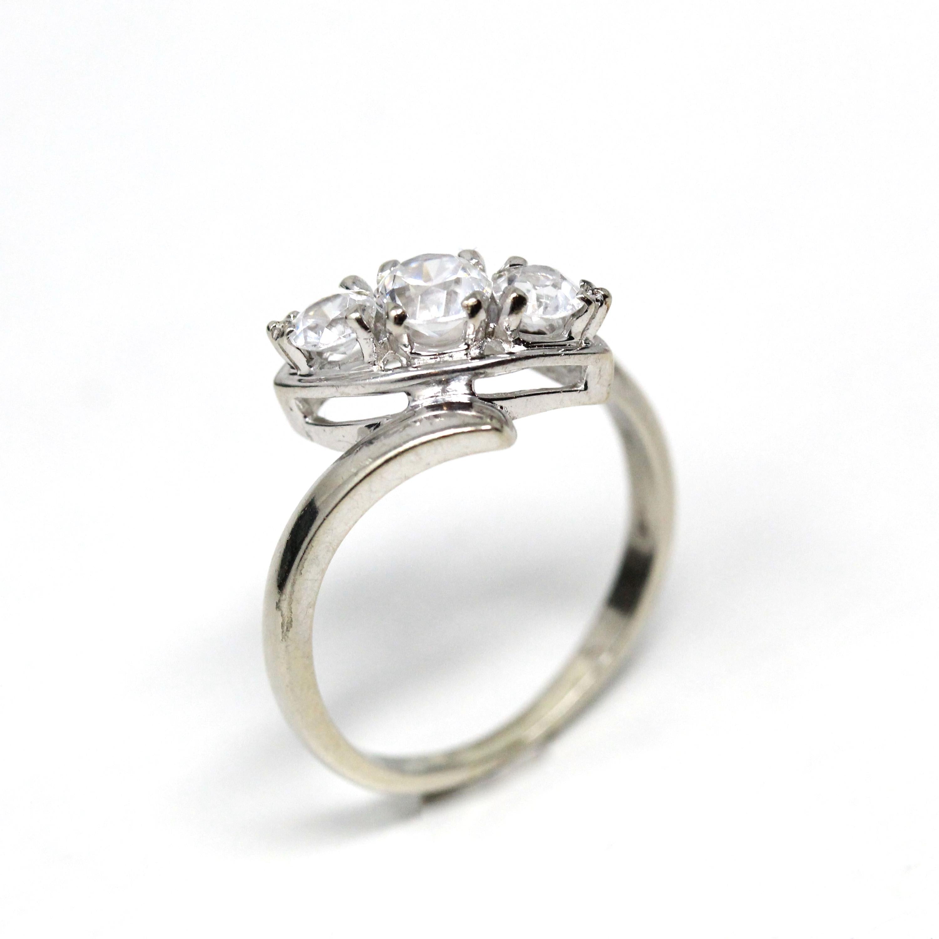 Vintage Bypass Ring - 14k White Gold White Zircon Three Stone Navette - Size 8 3/4 Circa 1950s Era Anniversary Simulant Fine Jewelry