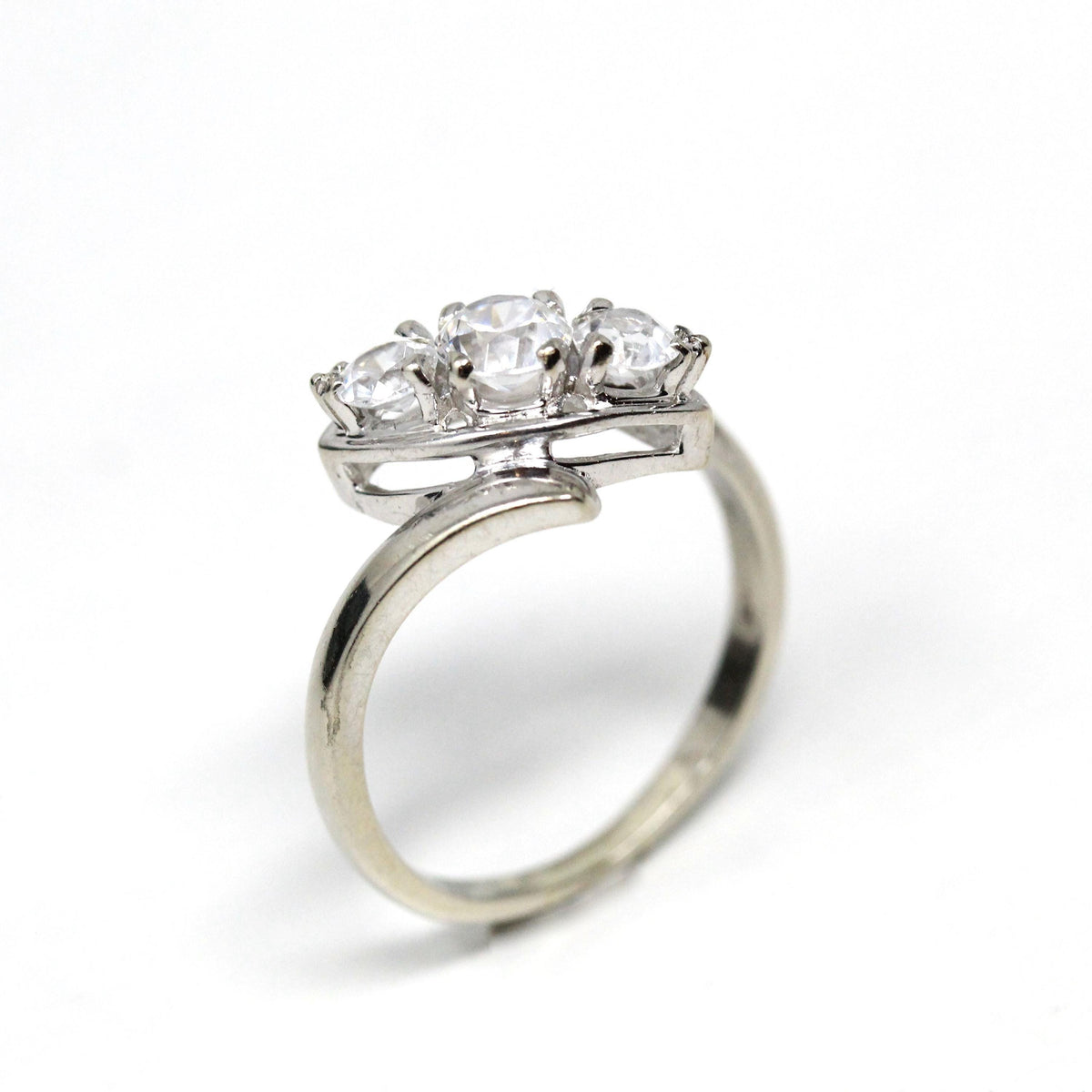 Vintage Bypass Ring - 14k White Gold White Zircon Three Stone Navette Style - Size 8 3/4 Circa 1950s Era Anniversary Simulant Fine Jewelry