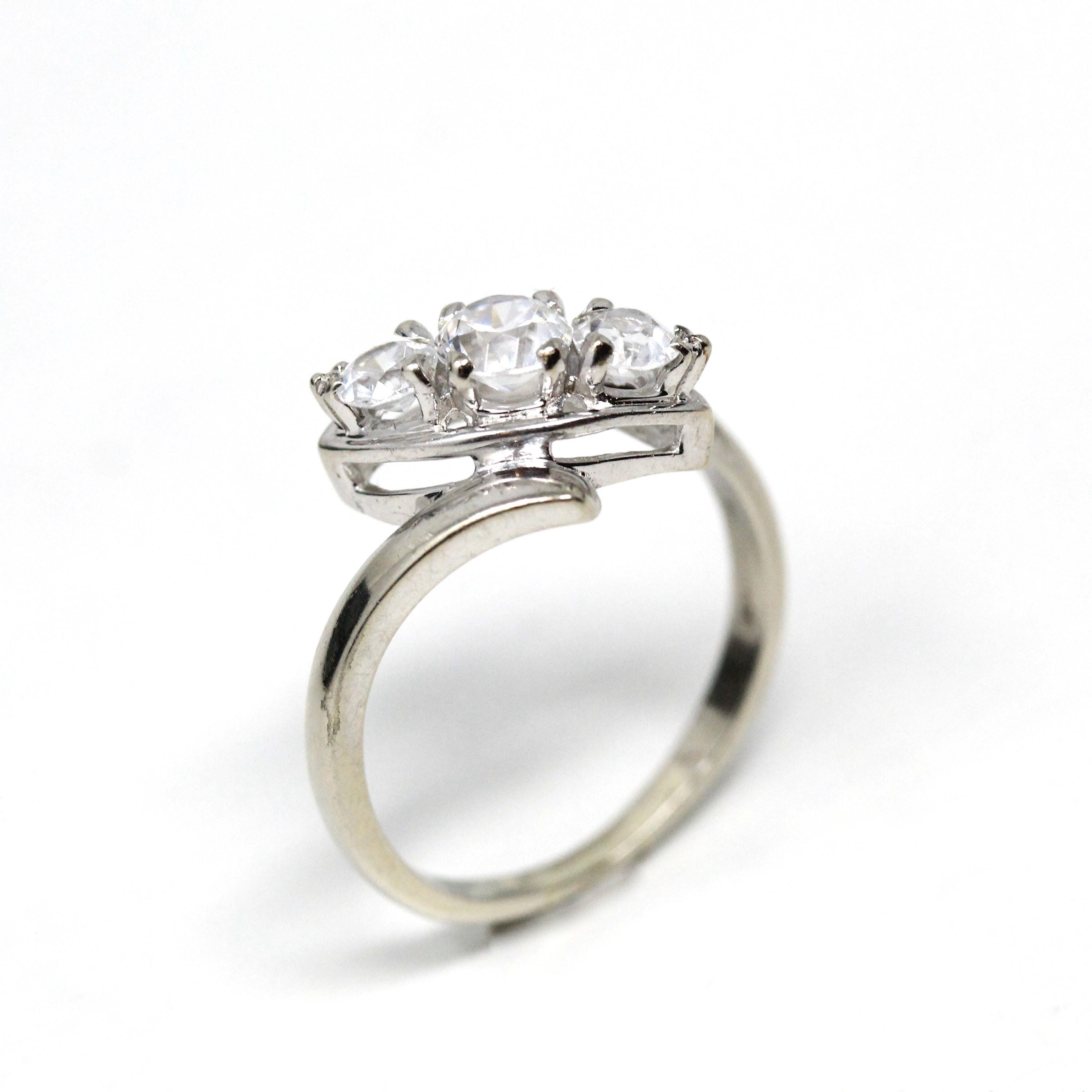 Vintage Bypass Ring - 14k White Gold White Zircon Three Stone Navette Style - Size 8 3/4 Circa 1950s Era Anniversary Simulant Fine Jewelry