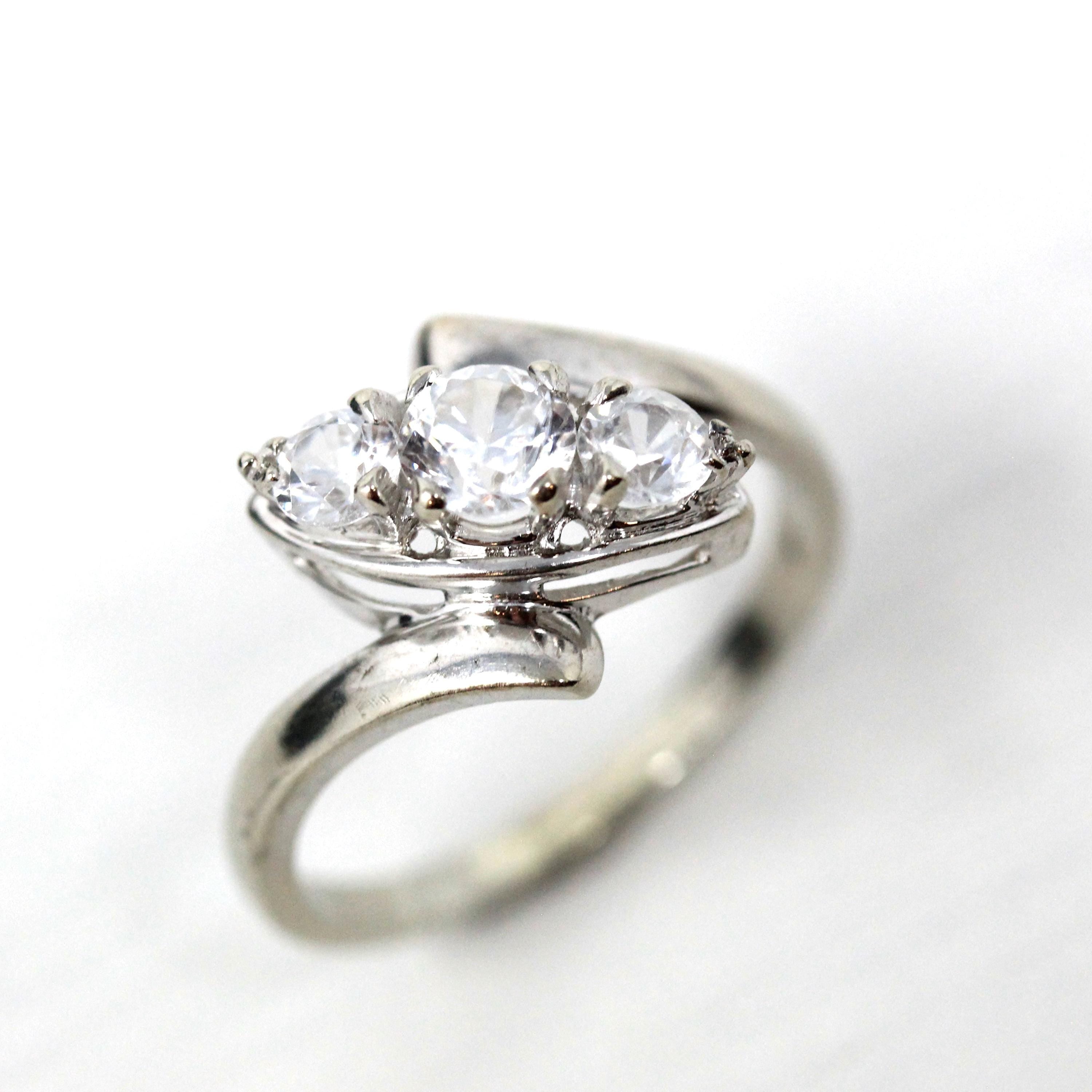 Vintage Bypass Ring - 14k White Gold White Zircon Three Stone Navette - Size 8 3/4 Circa 1950s Era Anniversary Simulant Fine Jewelry