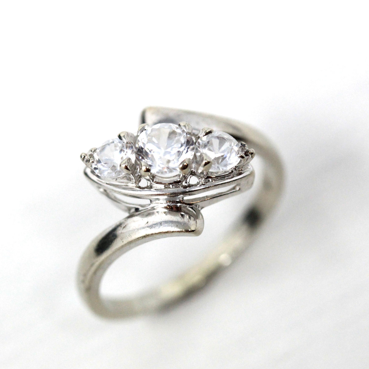 Vintage Bypass Ring - 14k White Gold White Zircon Three Stone Navette Style - Size 8 3/4 Circa 1950s Era Anniversary Simulant Fine Jewelry
