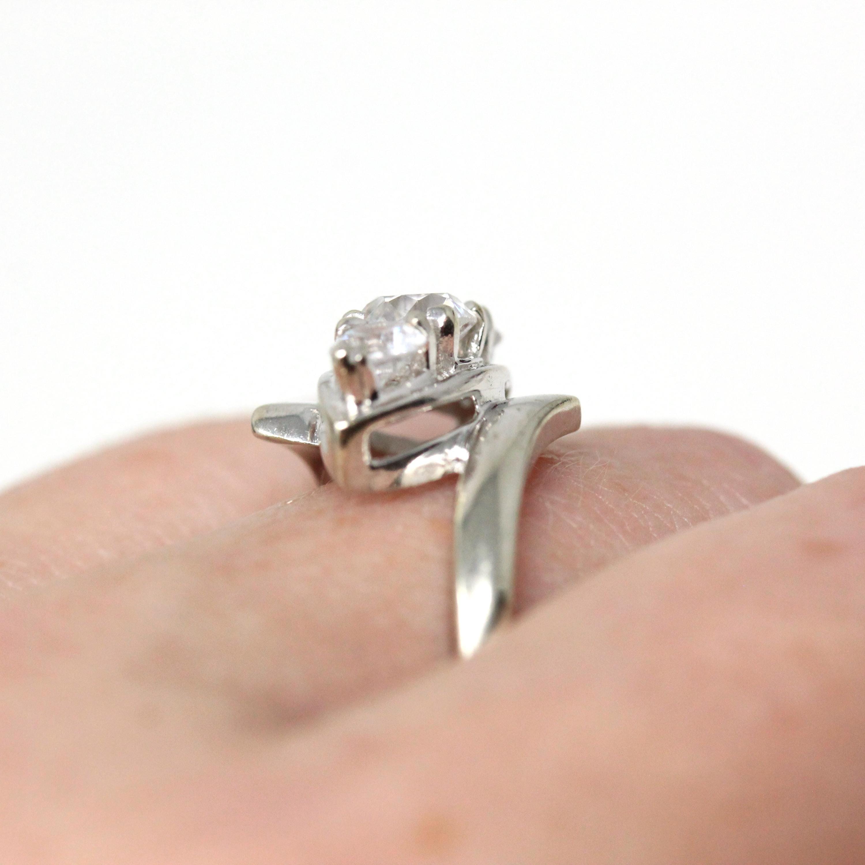 Vintage Bypass Ring - 14k White Gold White Zircon Three Stone Navette - Size 8 3/4 Circa 1950s Era Anniversary Simulant Fine Jewelry