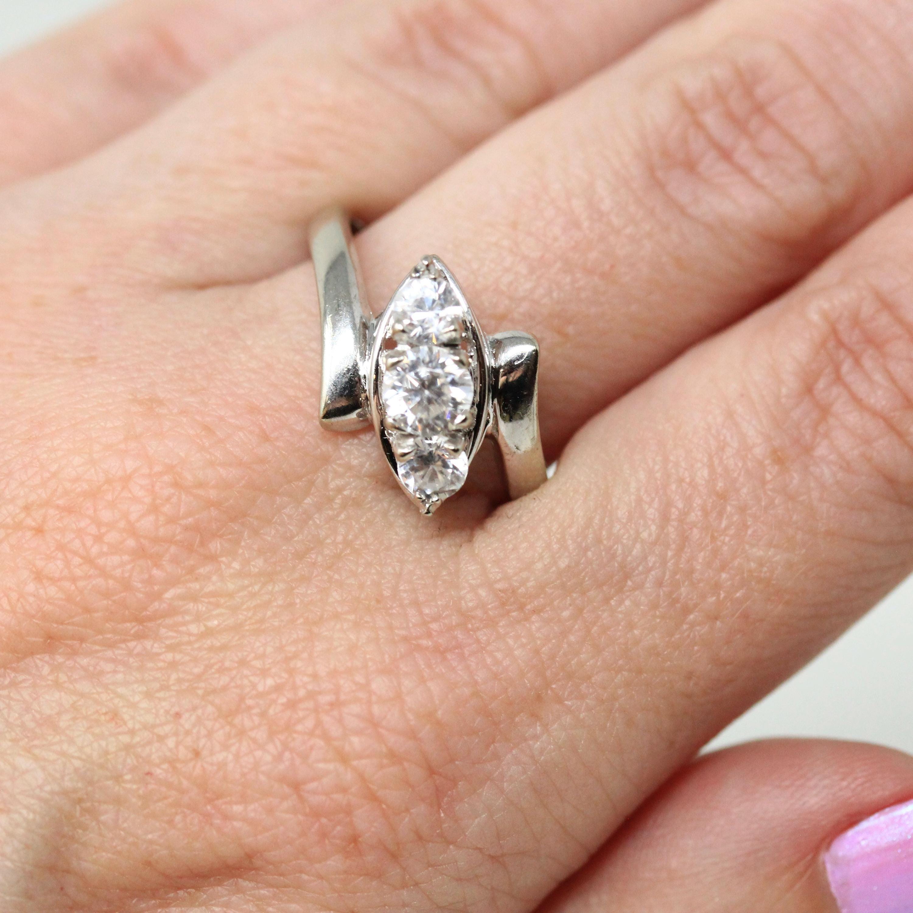Vintage Bypass Ring - 14k White Gold White Zircon Three Stone Navette Style - Size 8 3/4 Circa 1950s Era Anniversary Simulant Fine Jewelry