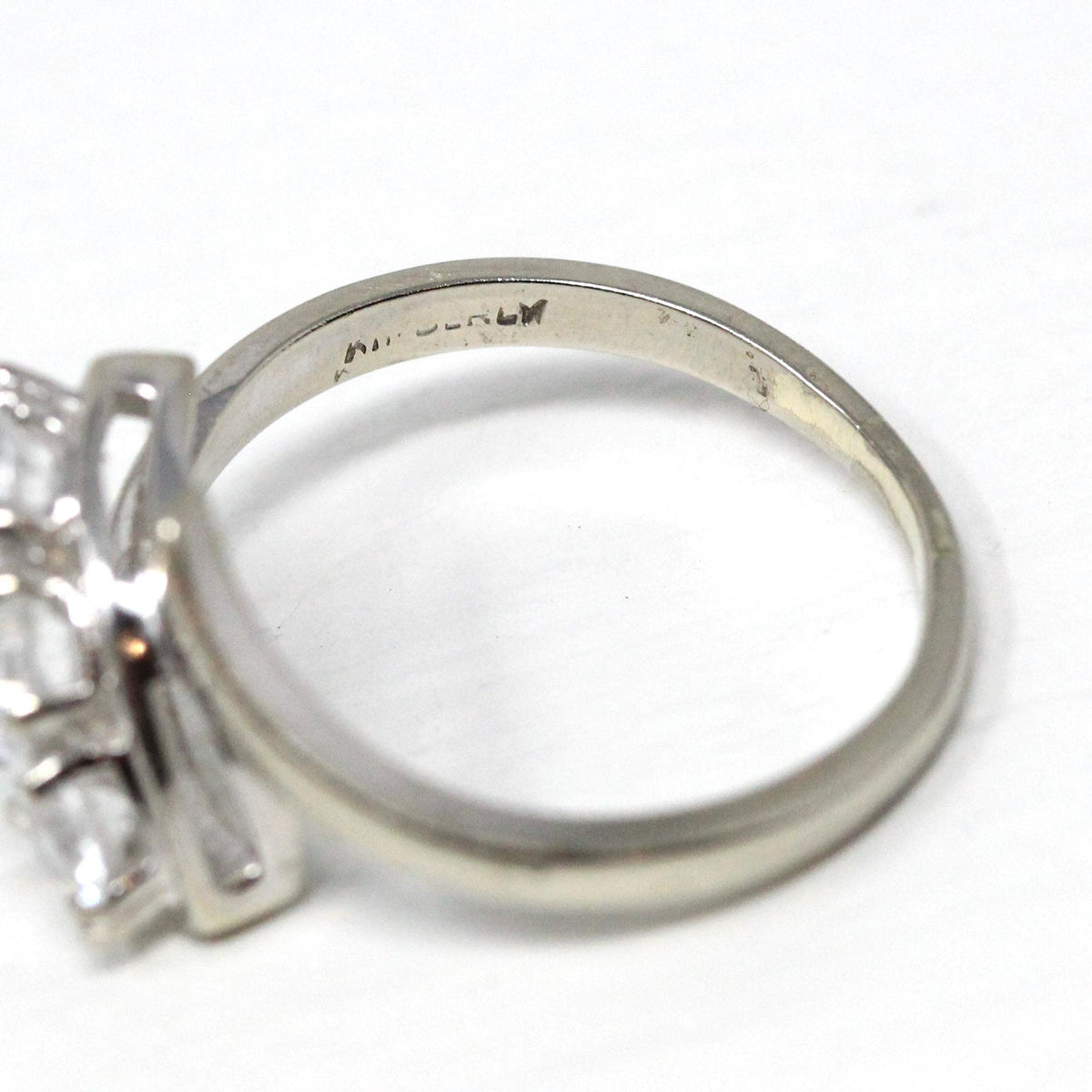 Vintage Bypass Ring - 14k White Gold White Zircon Three Stone Navette Style - Size 8 3/4 Circa 1950s Era Anniversary Simulant Fine Jewelry