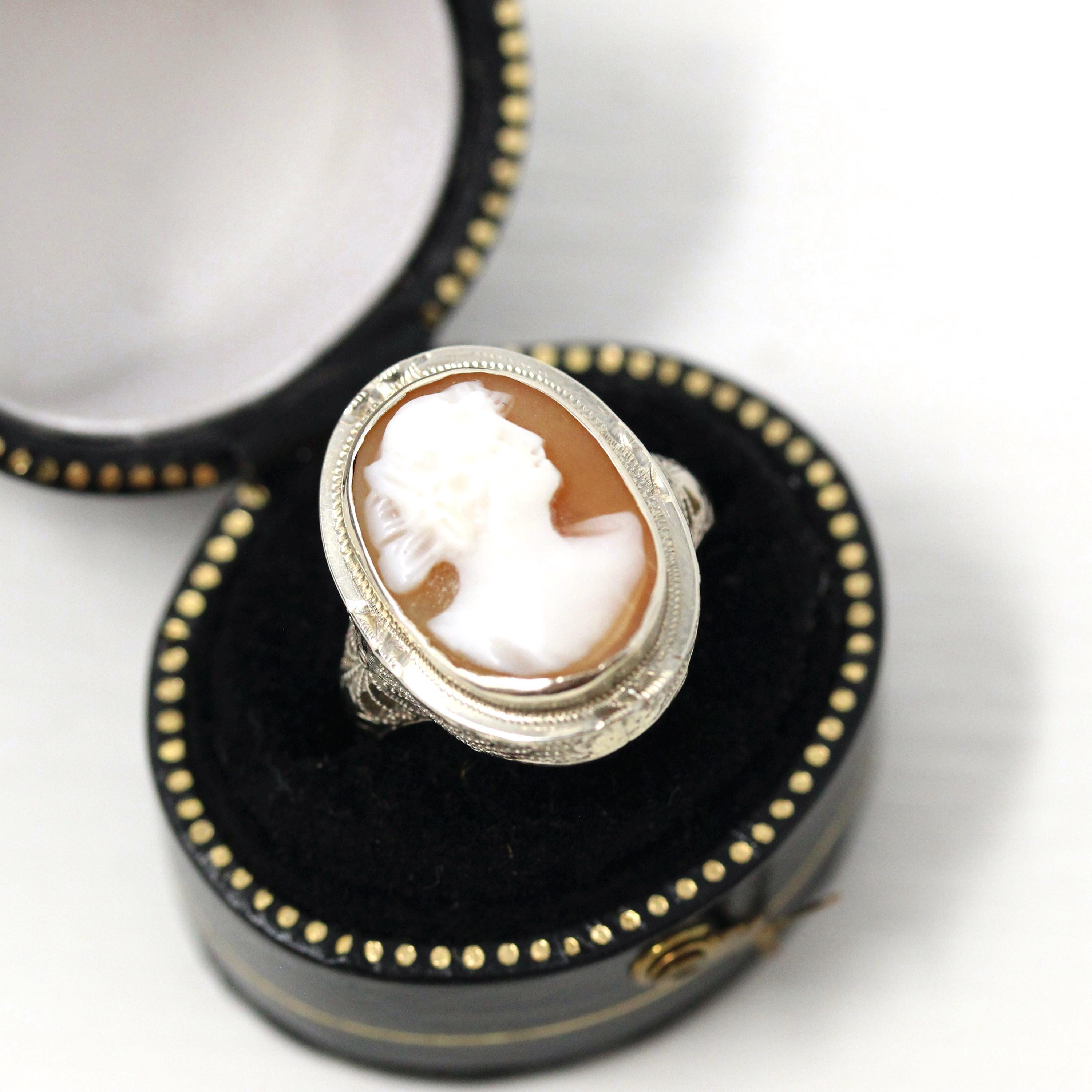 Vintage Cameo Ring - Art Deco 14k White Gold Carved Pink Shell Woman's Profile Ring - Circa 1930s Size 6 1/2 Floral Filigree Fine Jewelry