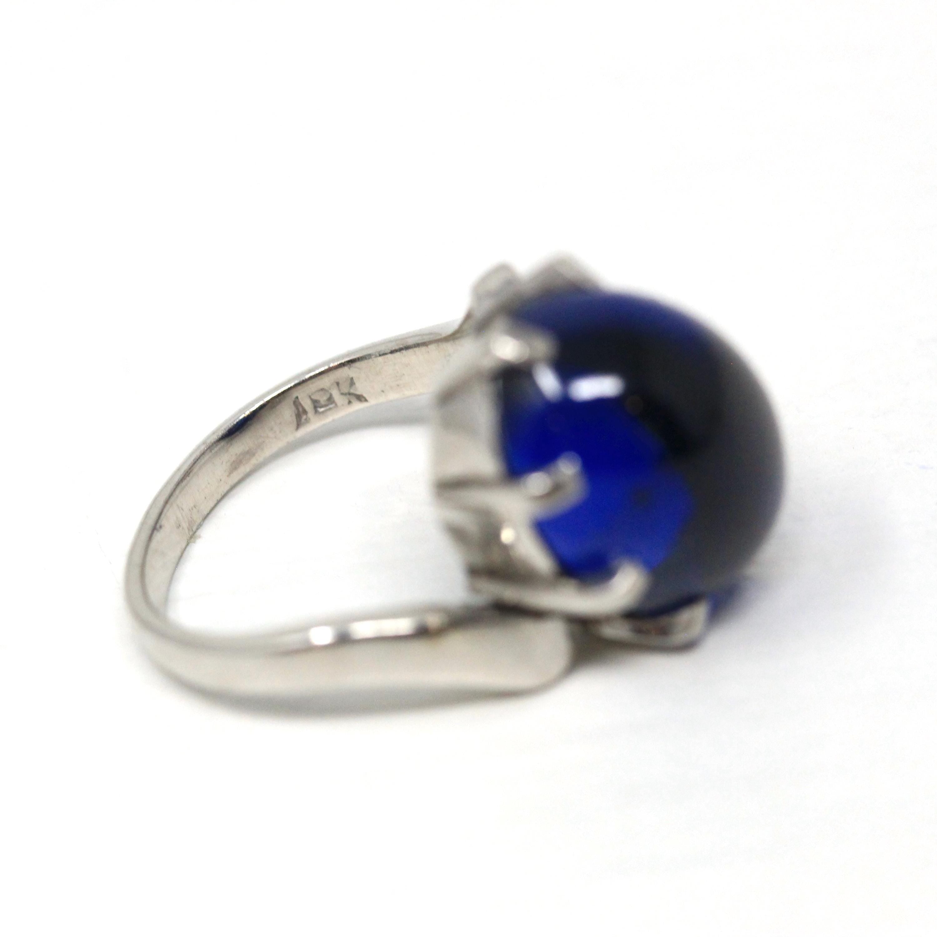 Created Spinel Ring - Retro 10k White Gold Oval Cabochon Blue Gemstone - Vintage Circa 1960s Era Size 5 Bypass Statement Fine 60s Jewelry