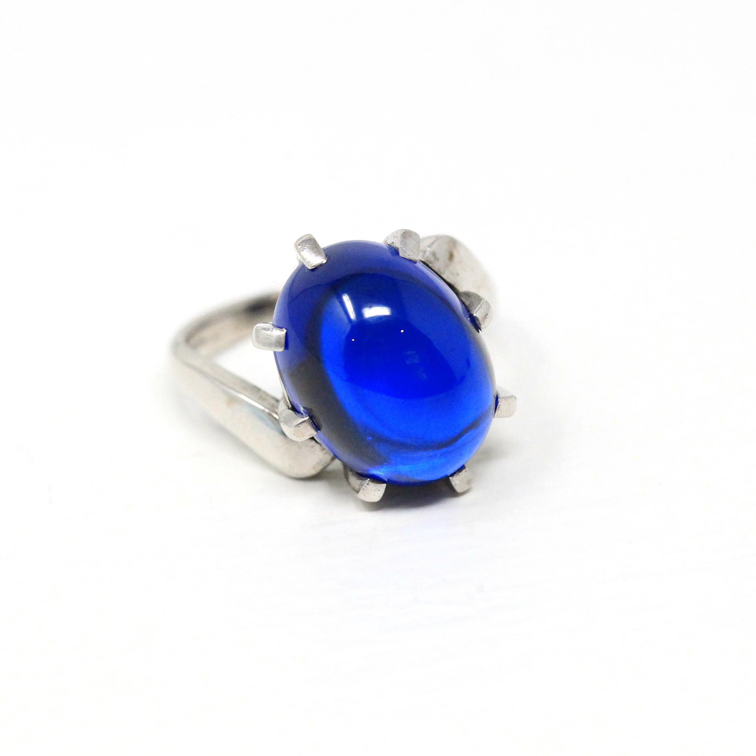Created Spinel Ring - Retro 10k White Gold Oval Cabochon Blue Gemstone - Vintage Circa 1960s Era Size 5 Bypass Statement Fine 60s Jewelry