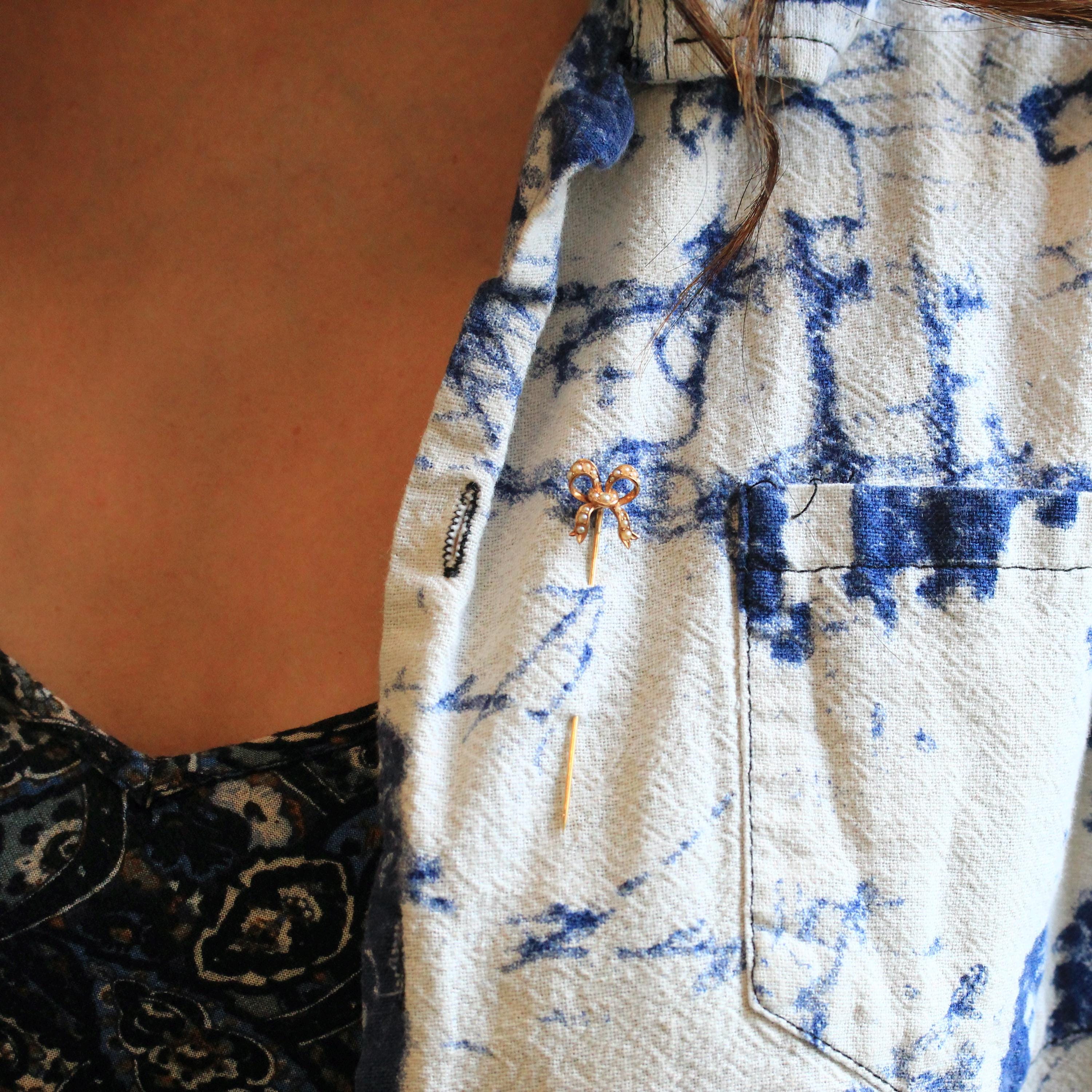 Antique Bow Stick Pin - Edwardian 14k Rose Gold Genuine Seed Pearl Gemstones - Vintage 1900s Era Unisex Tie Neckwear Dainty Fine Jewelry