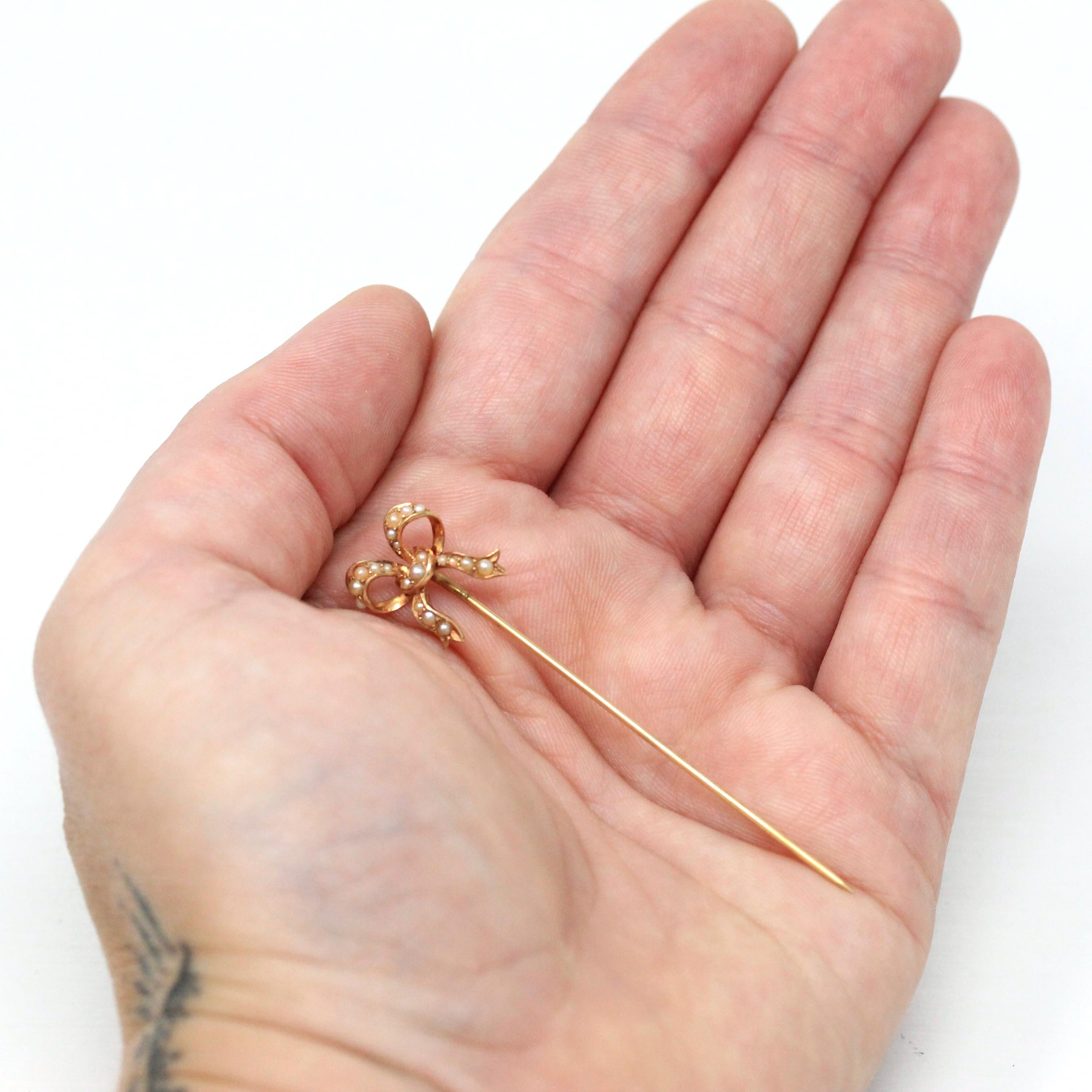 Antique Bow Stick Pin - Edwardian 14k Rose Gold Genuine Seed Pearl Gemstones - Vintage 1900s Era Unisex Tie Neckwear Dainty Fine Jewelry