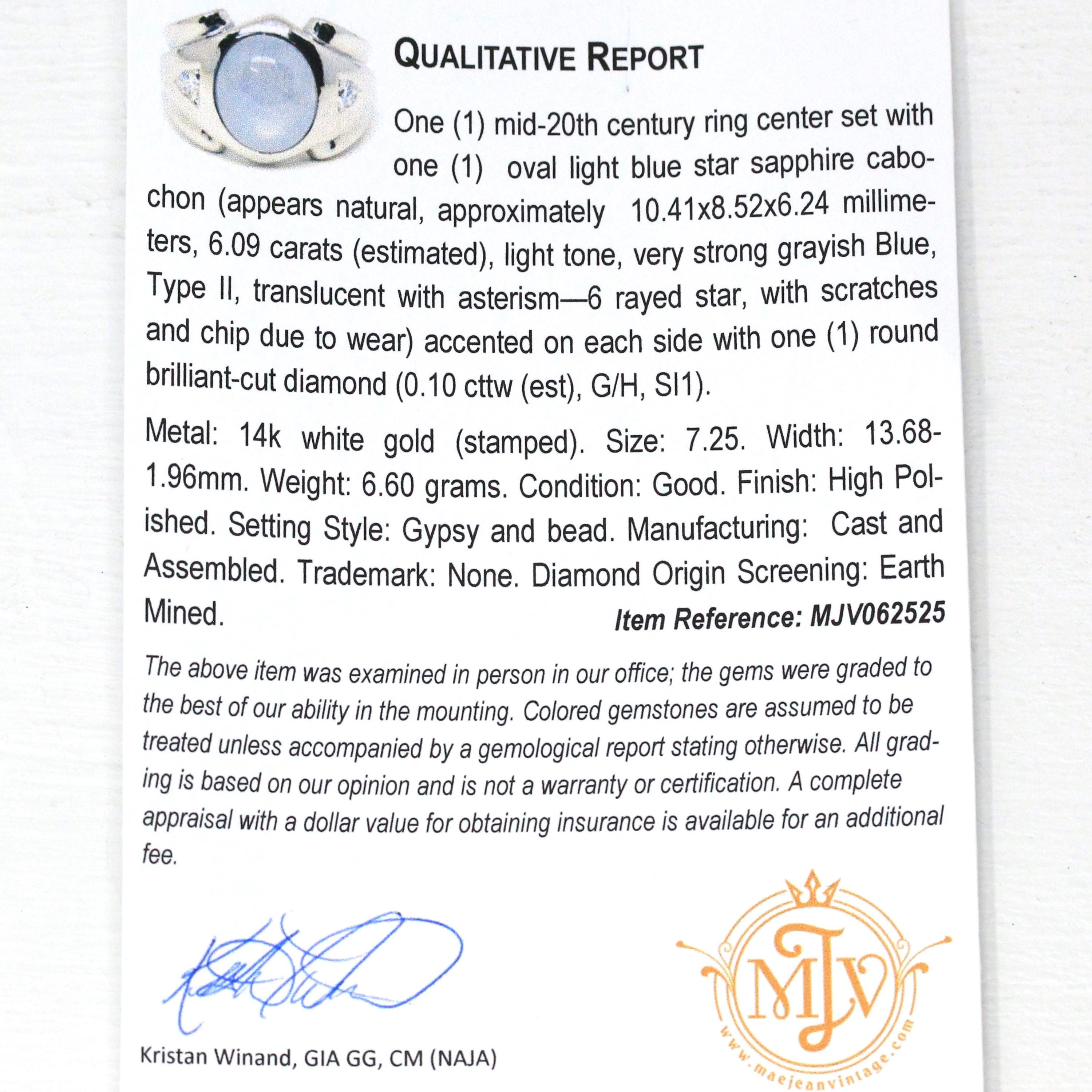 Genuine Star Sapphire Ring - Mid Century 14k White Gold Oval Cabochon Cut & Diamonds - Vintage Circa 1950s Size 7.5 Fine Report Jewelry