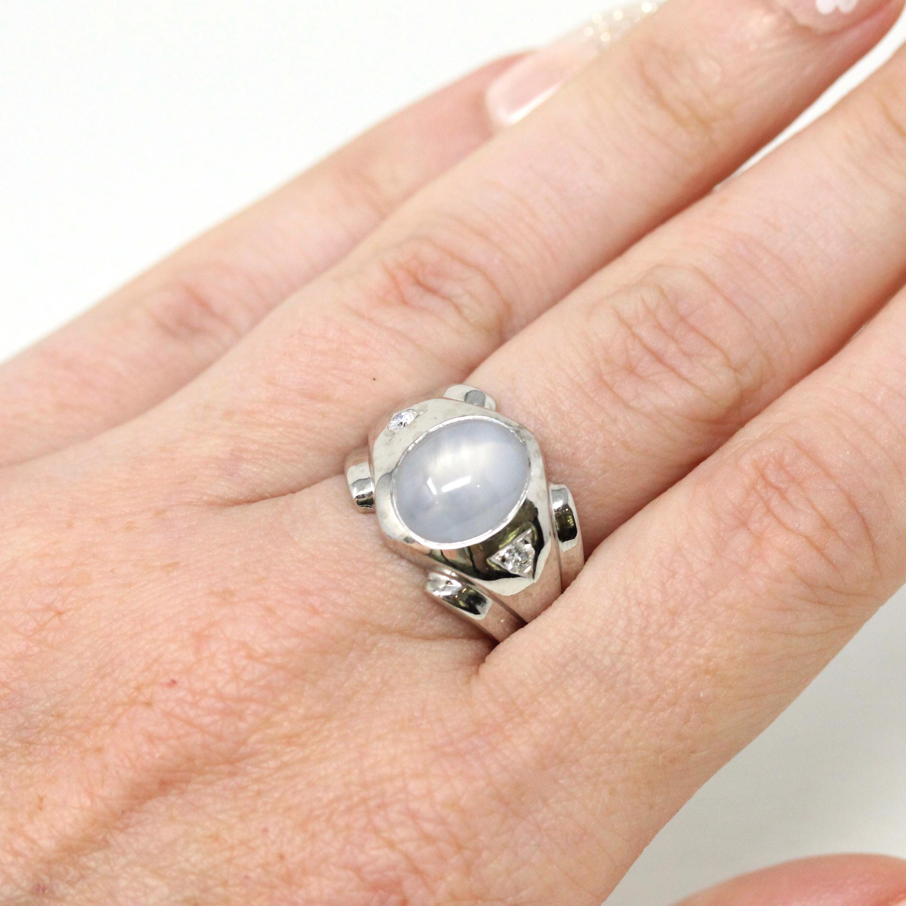 Genuine Star Sapphire Ring - Mid Century 14k White Gold Oval Cabochon Cut & Diamonds - Vintage Circa 1950s Size 7.5 Fine Report Jewelry