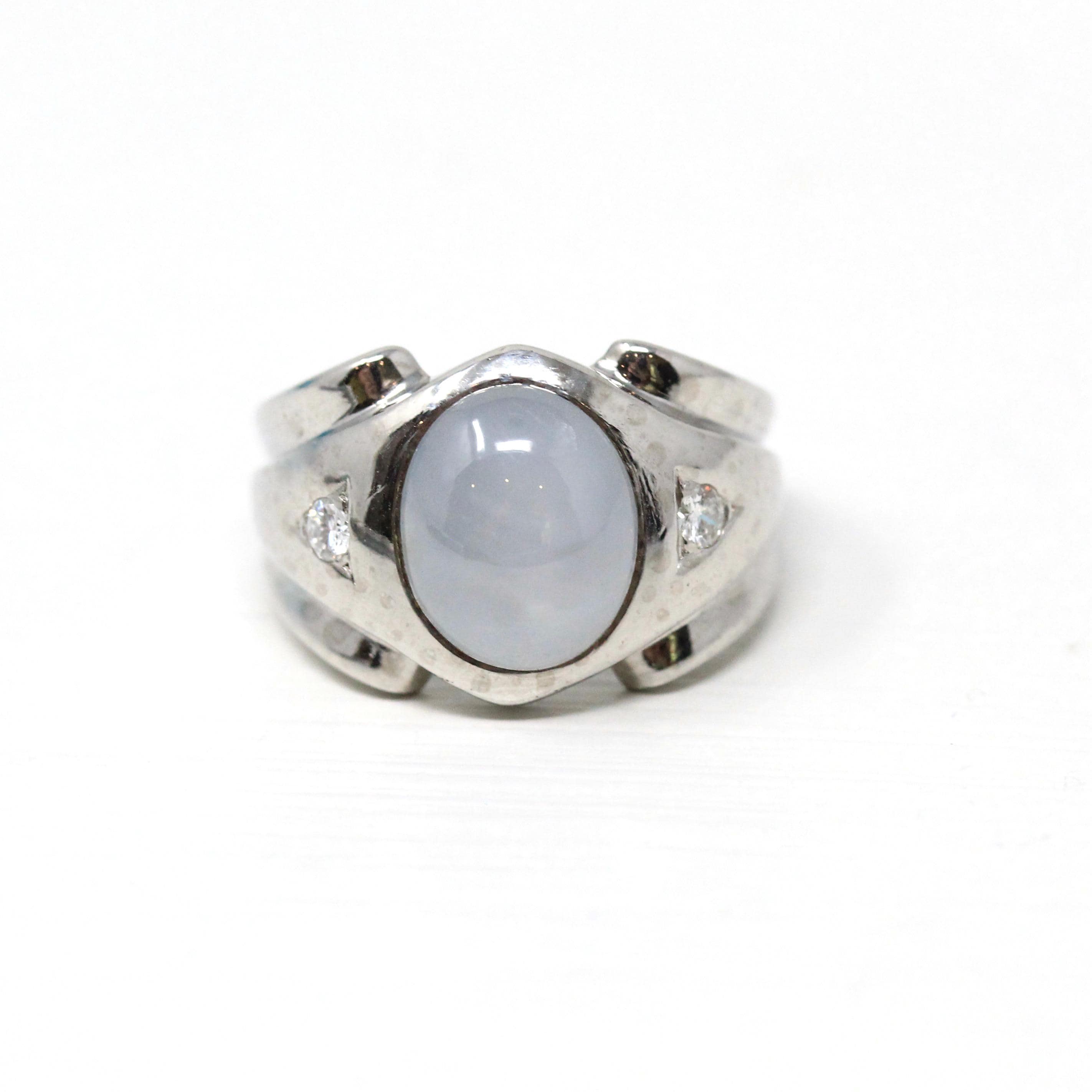 Genuine Star Sapphire Ring - Mid Century 14k White Gold Oval Cabochon Cut & Diamonds - Vintage Circa 1950s Size 7.5 Fine Report Jewelry