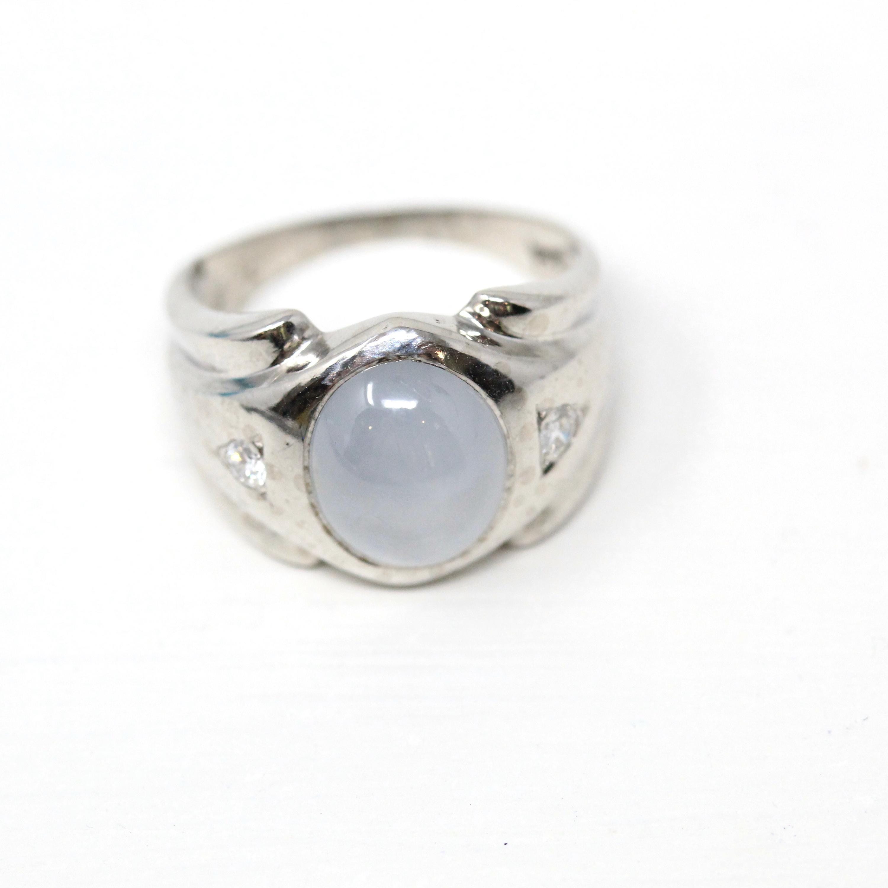 Genuine Star Sapphire Ring - Mid Century 14k White Gold Oval Cabochon Cut & Diamonds - Vintage Circa 1950s Size 7.5 Fine Report Jewelry