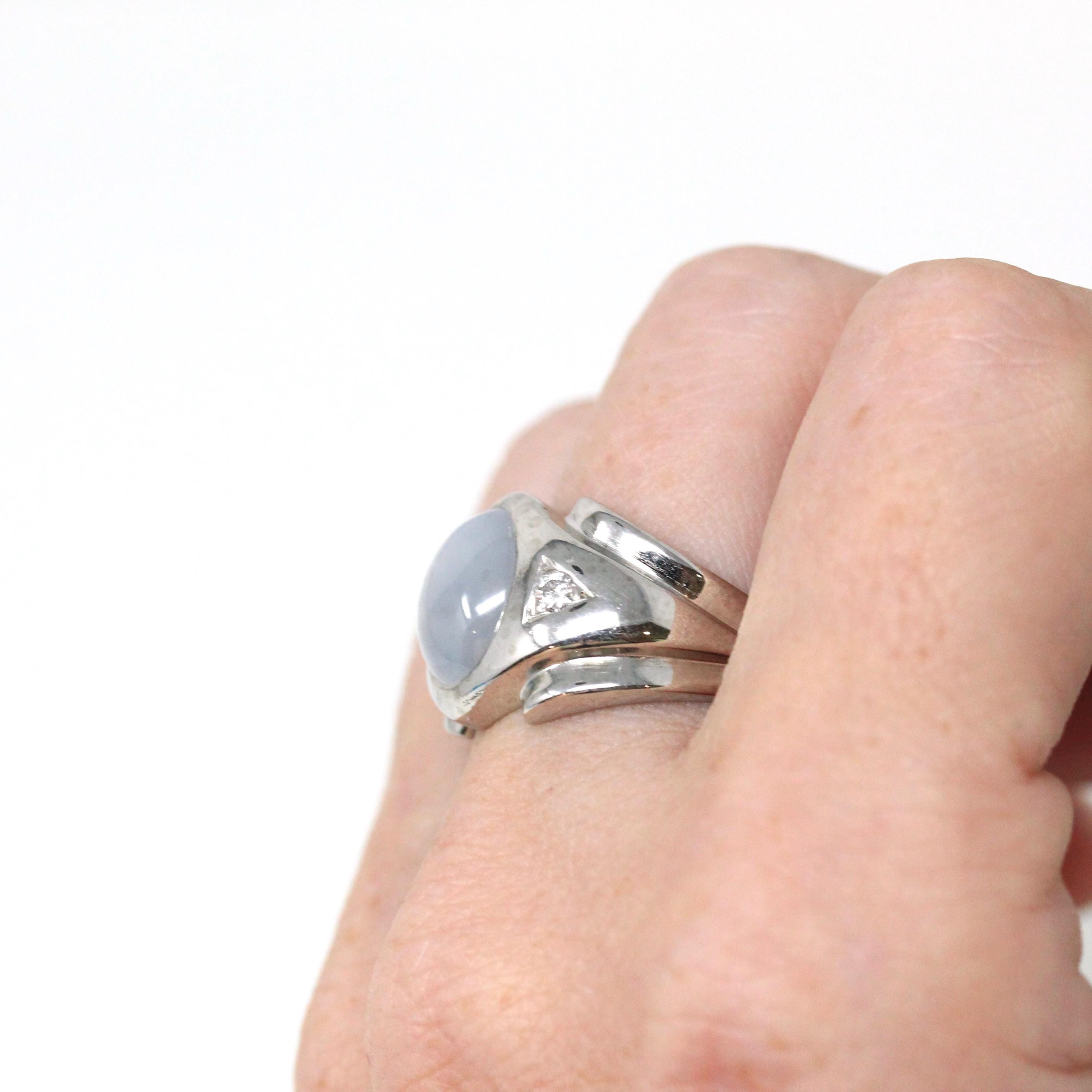 Genuine Star Sapphire Ring - Mid Century 14k White Gold Oval Cabochon Cut & Diamonds - Vintage Circa 1950s Size 7.5 Fine Report Jewelry