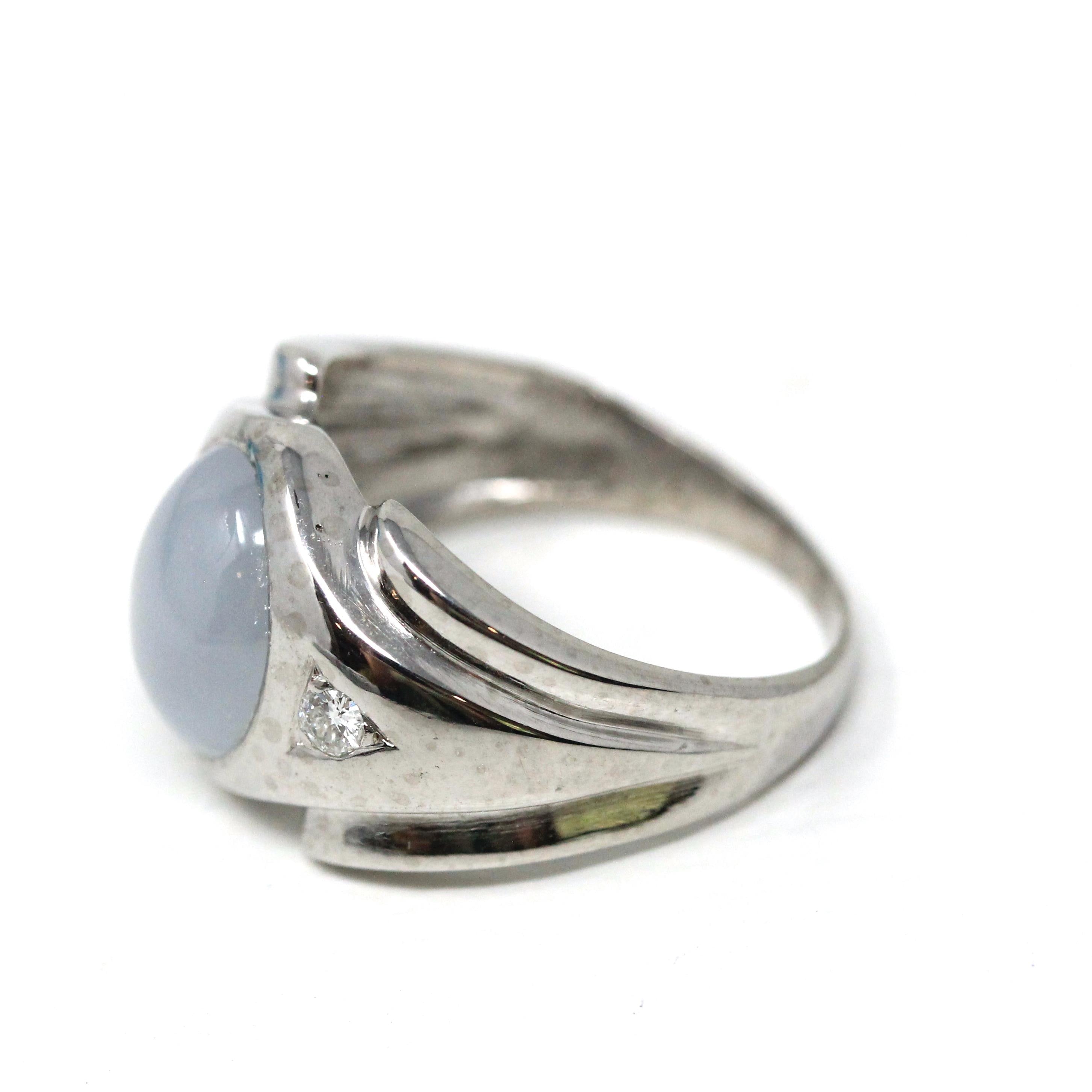 Genuine Star Sapphire Ring - Mid Century 14k White Gold Oval Cabochon Cut & Diamonds - Vintage Circa 1950s Size 7.5 Fine Report Jewelry