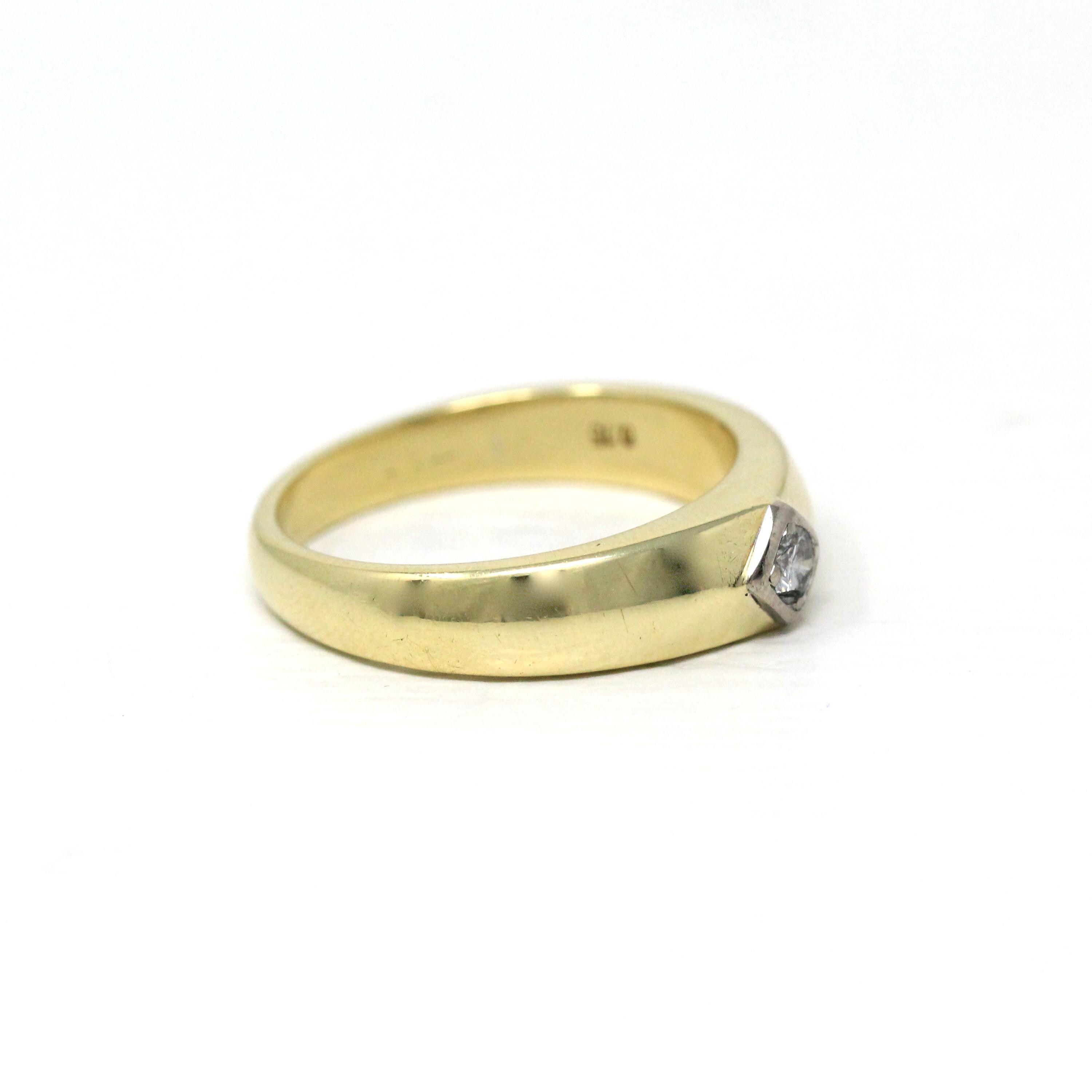Genuine Diamond Ring - Estate 14k Yellow & White Gold Single Gemstone Tapered Band - Modern Size 10 Unisex Men's Wedding Two Tone Jewelry