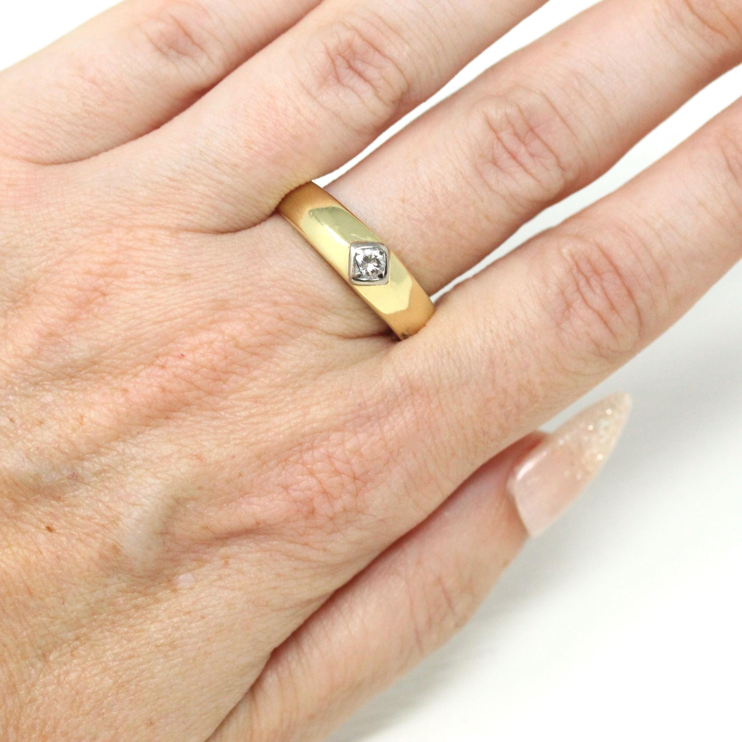 Genuine Diamond Ring - Estate 14k Yellow & White Gold Single Gemstone Tapered Band - Modern Size 10 Unisex Men's Wedding Two Tone Jewelry