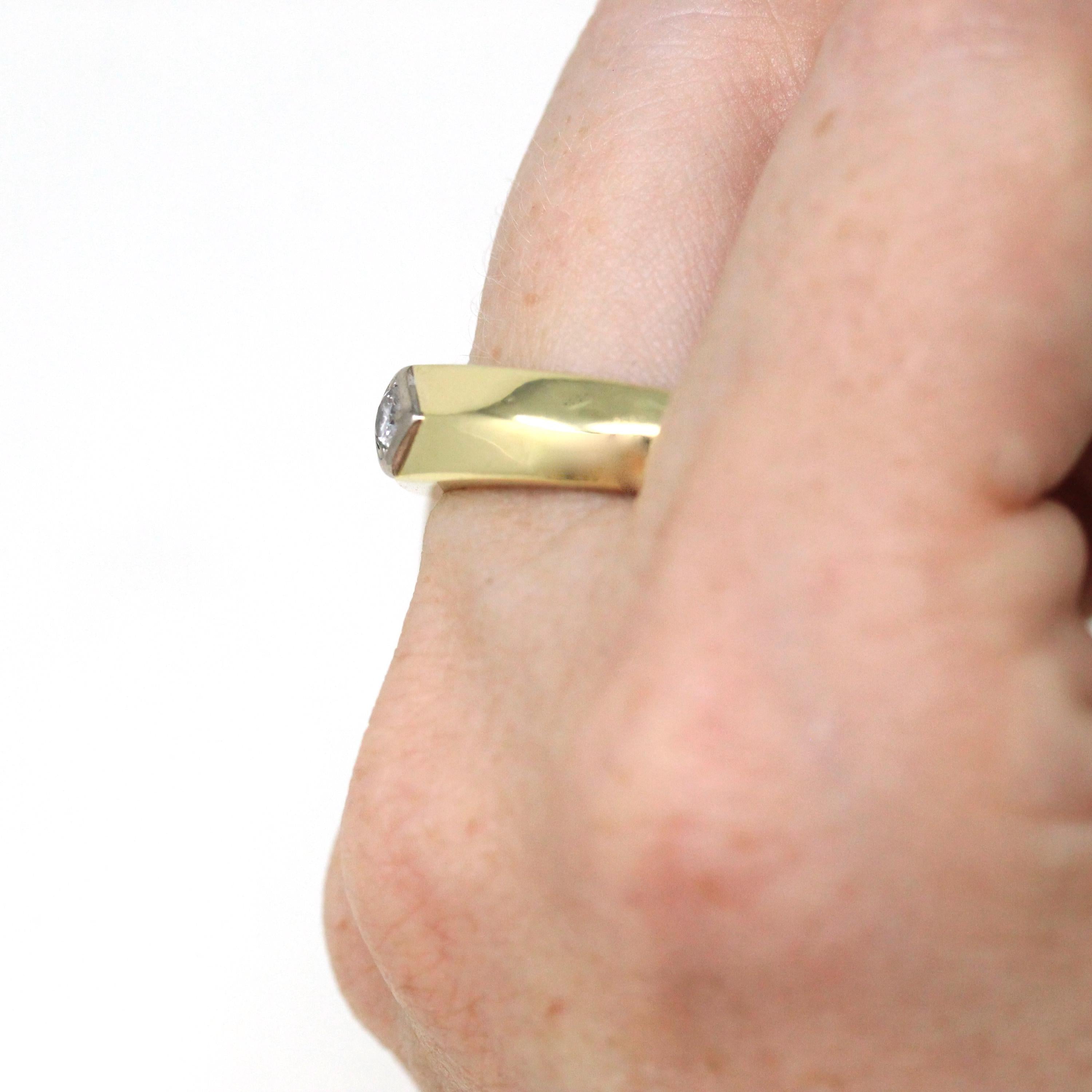 Genuine Diamond Ring - Estate 14k Yellow & White Gold Single Gemstone Tapered Band - Modern Size 10 Unisex Men's Wedding Two Tone Jewelry