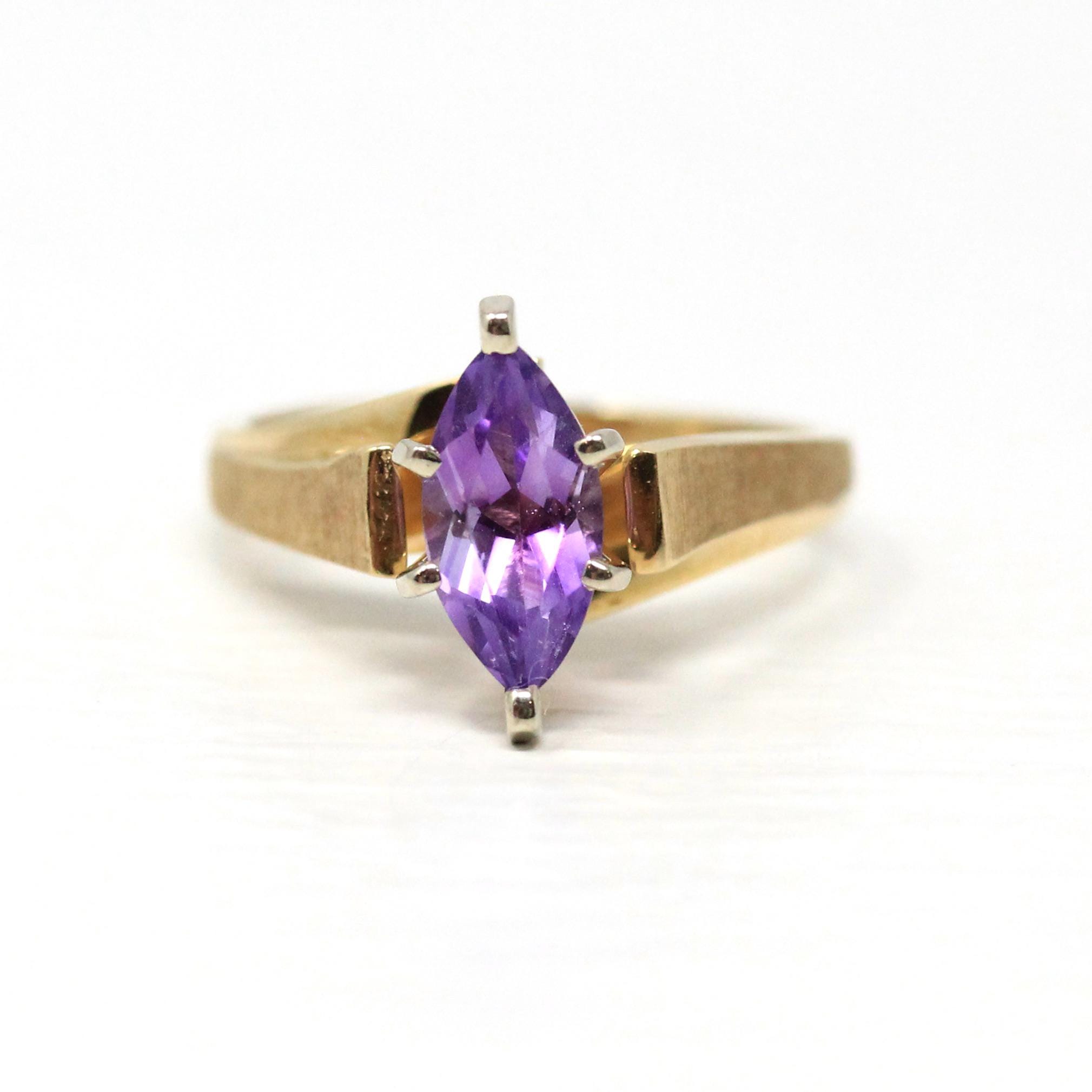 Genuine Amethyst Ring - Estate 14k Yellow Gold Marquise Cut Purple Gemstone - Vintage 1990s Size 6 February Birthstone Bypass Fine Jewelry