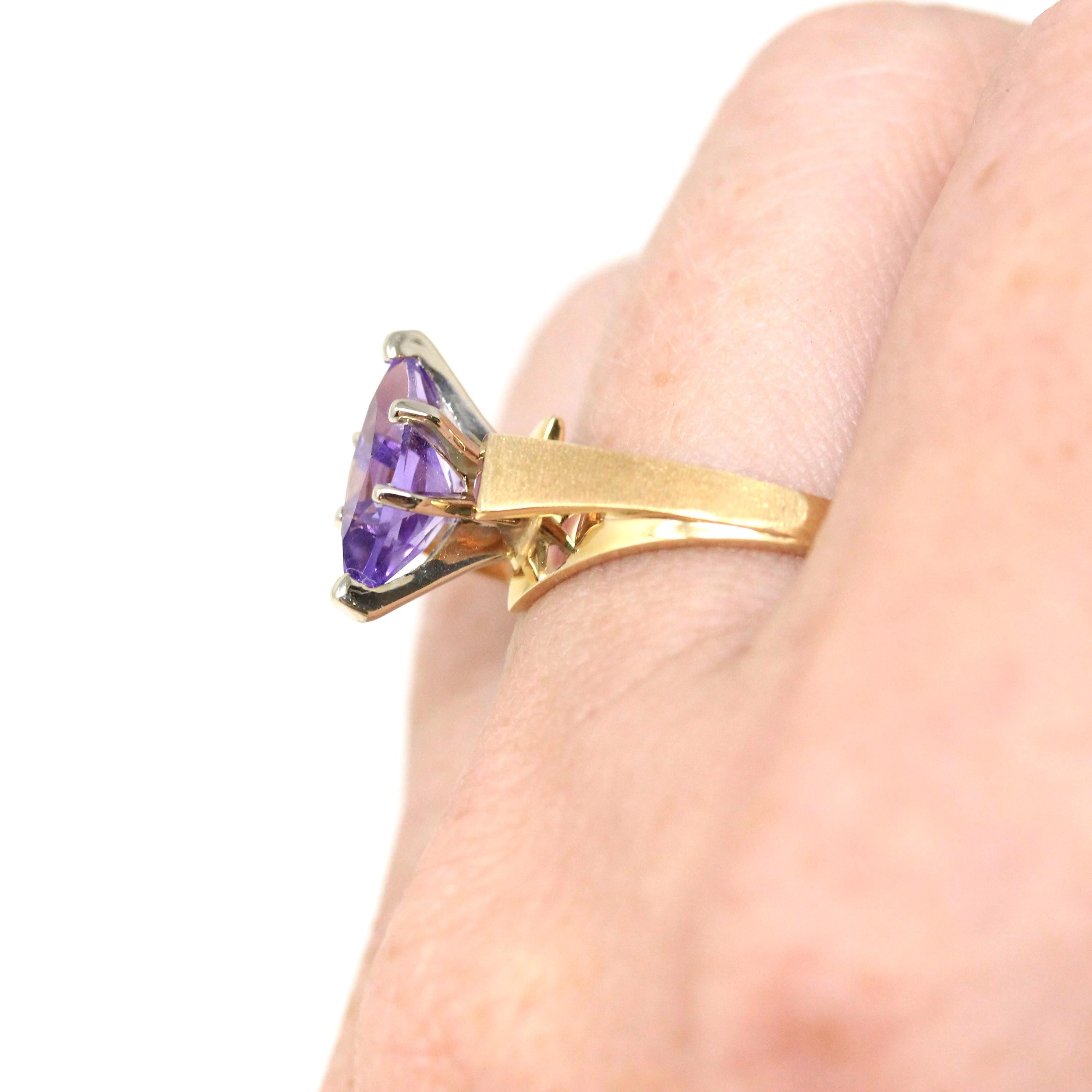 Genuine Amethyst Ring - Estate 14k Yellow Gold Marquise Cut Purple Gemstone - Vintage 1990s Size 6 February Birthstone Bypass Fine Jewelry