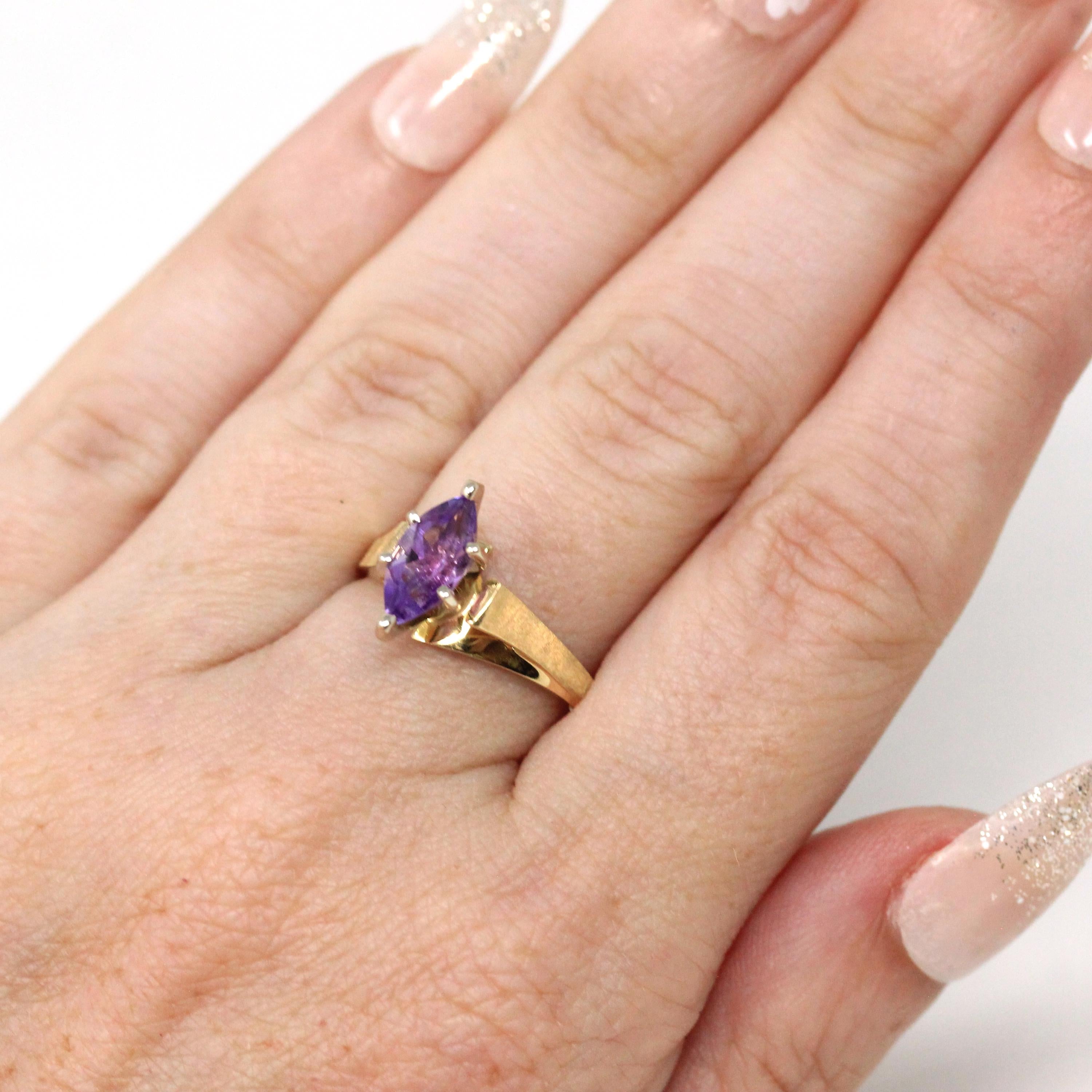 Genuine Amethyst Ring - Estate 14k Yellow Gold Marquise Cut Purple Gemstone - Vintage 1990s Size 6 February Birthstone Bypass Fine Jewelry