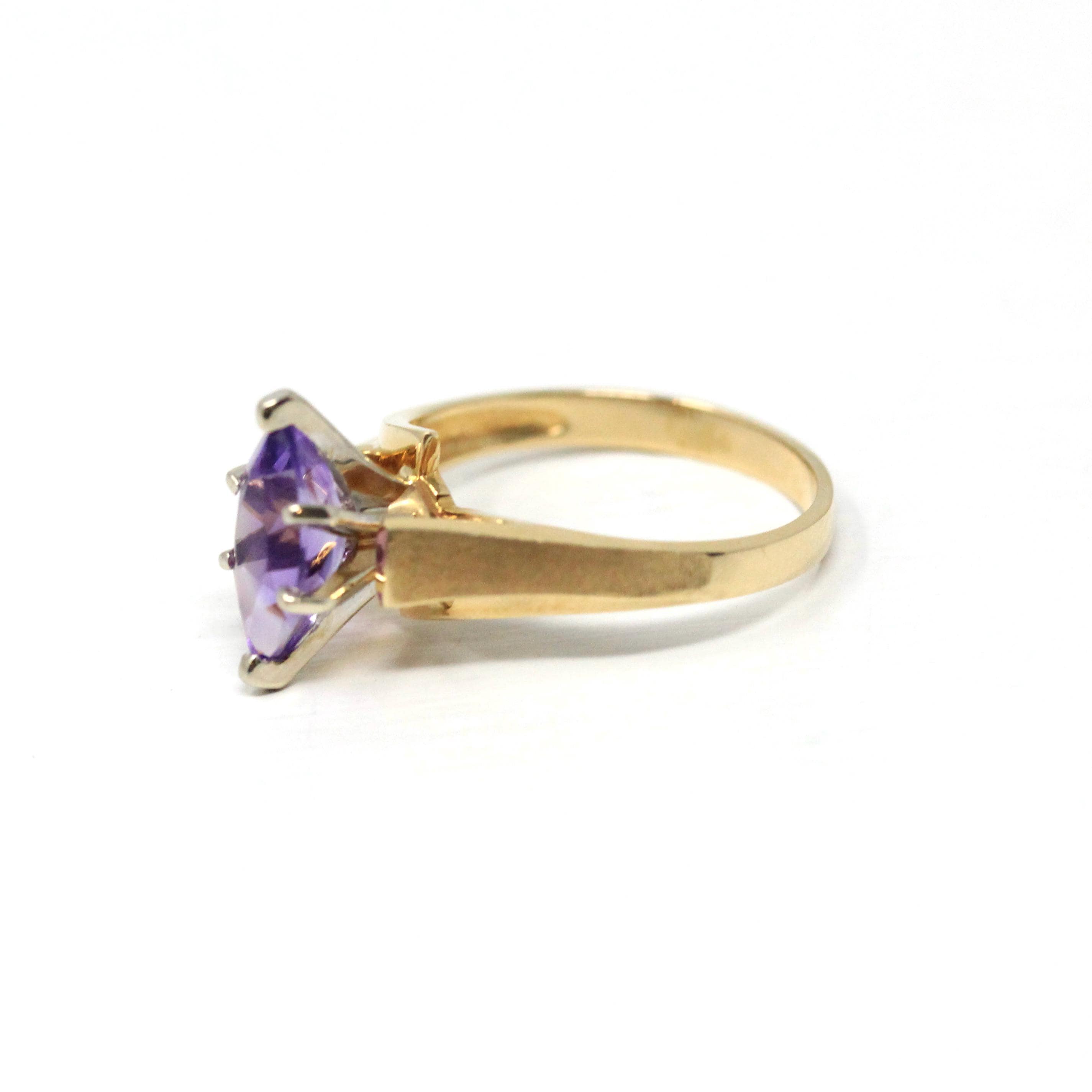 Genuine Amethyst Ring - Estate 14k Yellow Gold Marquise Cut Purple Gemstone - Vintage 1990s Size 6 February Birthstone Bypass Fine Jewelry