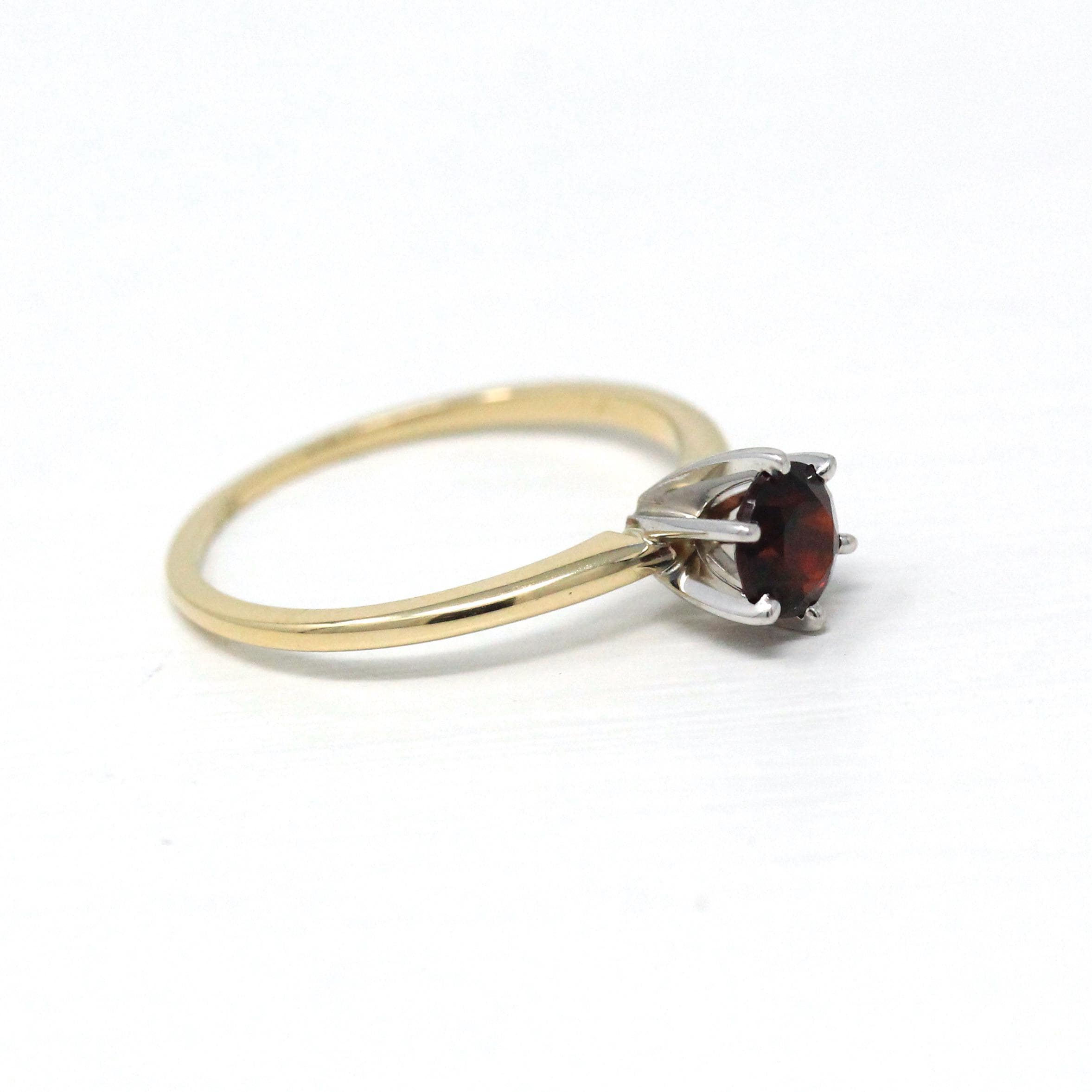 Genuine Garnet Ring - Modern 14k Yellow & White Gold Round Red Gemstone - Estate Circa 2000's Era Size 5 3/4 January Birthstone Fine Jewelry