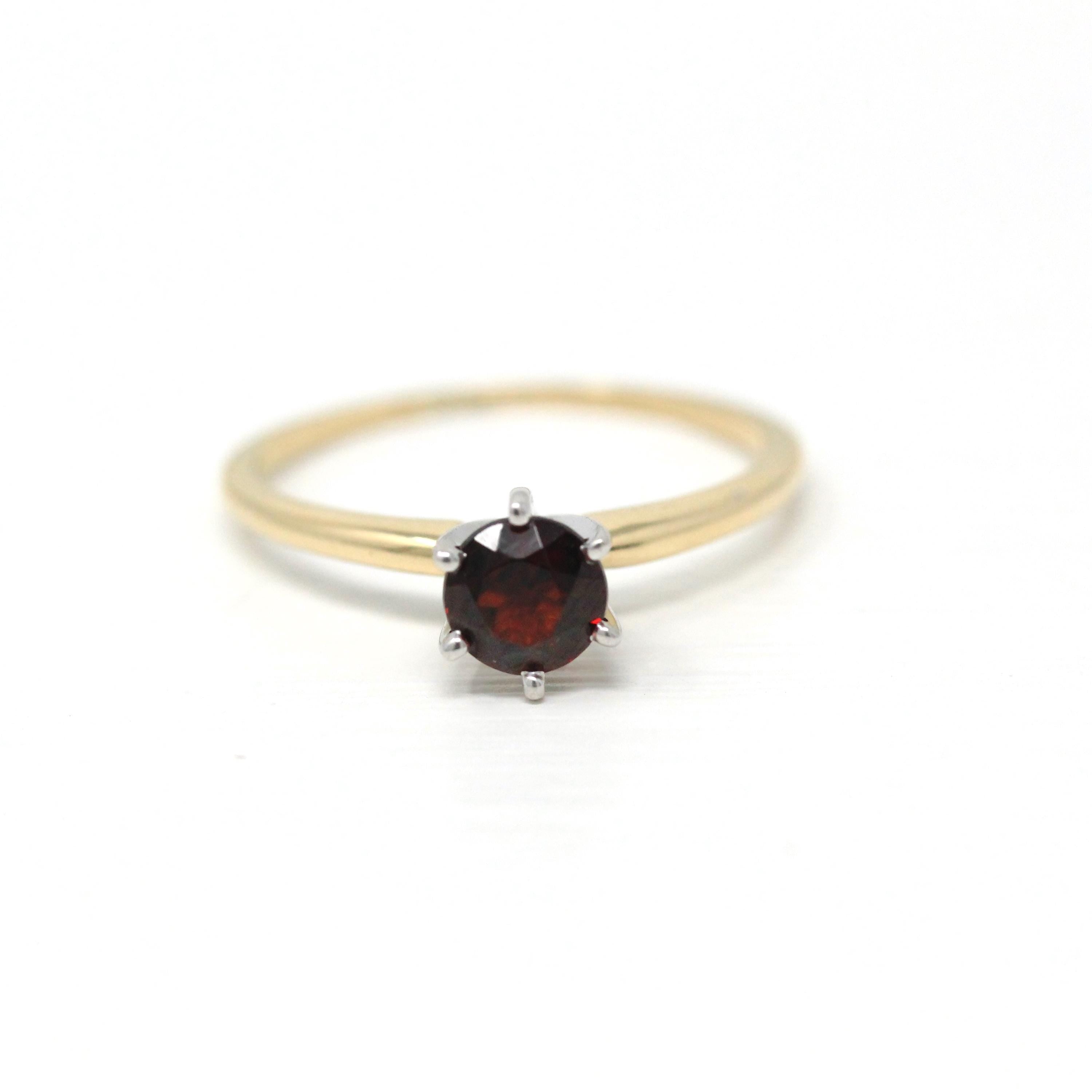 Genuine Garnet Ring - Modern 14k Yellow & White Gold Round Red Gemstone - Estate Circa 2000's Era Size 5 3/4 January Birthstone Fine Jewelry