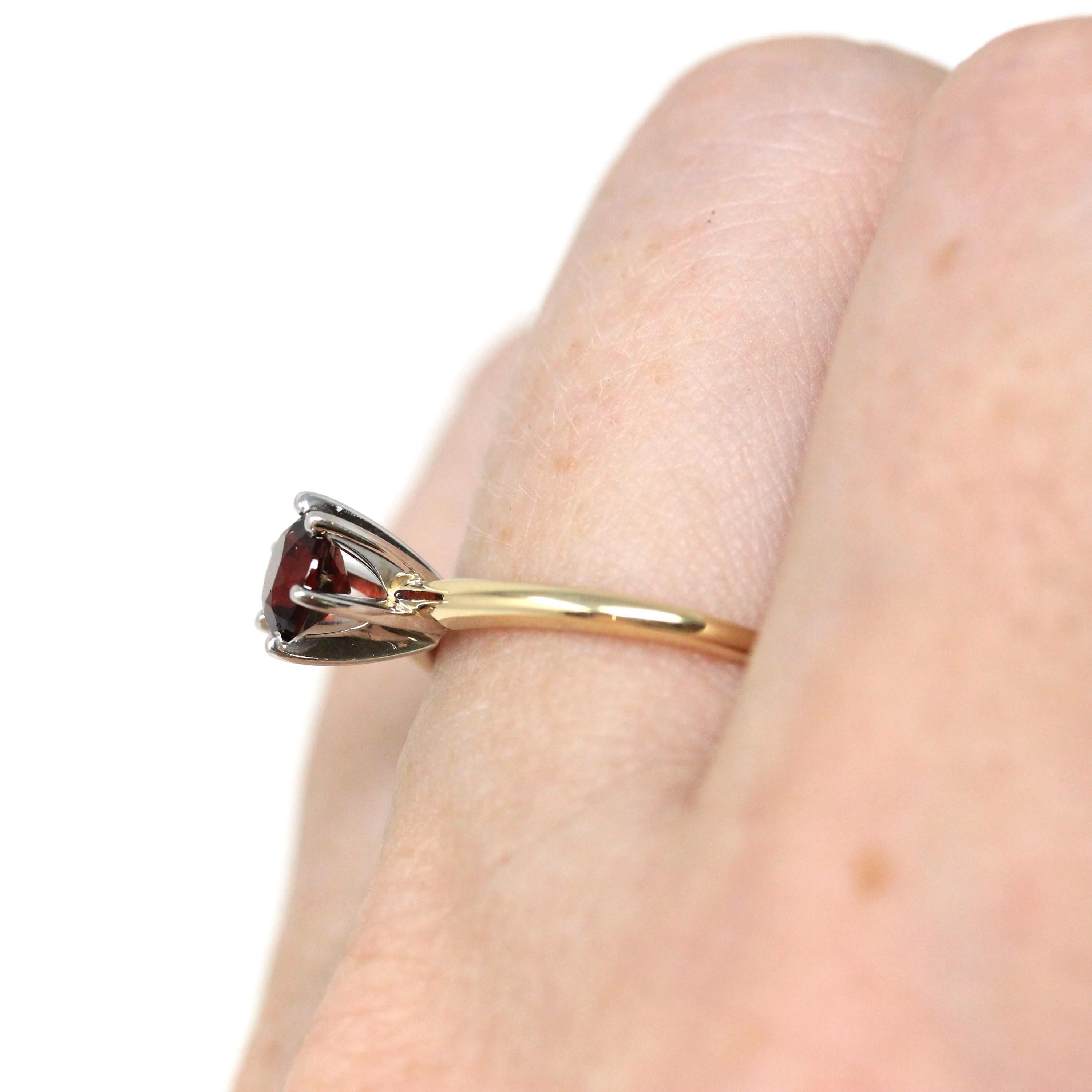 Genuine Garnet Ring - Modern 14k Yellow & White Gold Round Red Gemstone - Estate Circa 2000's Era Size 5 3/4 January Birthstone Fine Jewelry