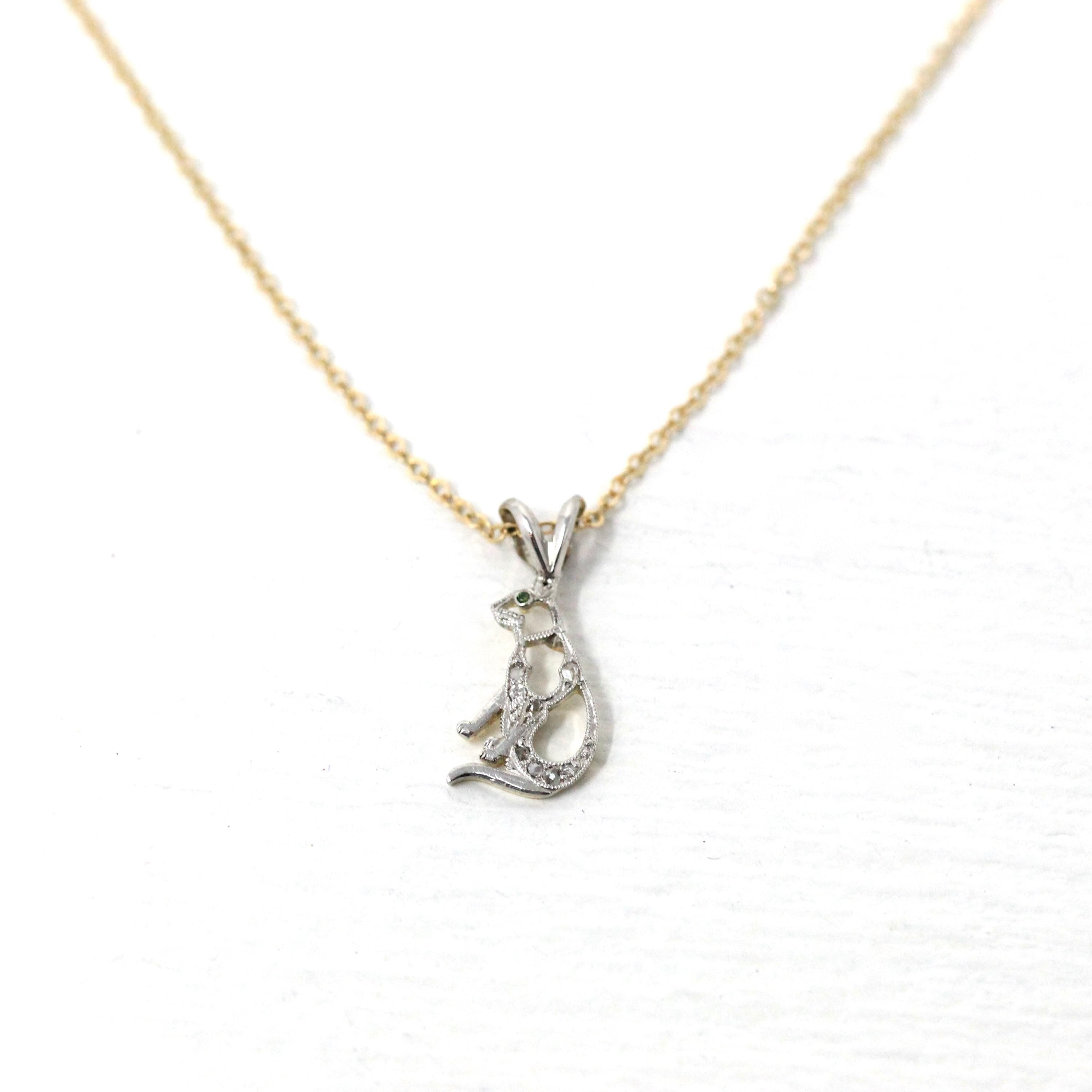 Antique Cat Charm - Art Deco Era Platinum and 14k Yellow Gold Figural Feline Pendant - Circa 1920's Kitty Diamond Converted Fine 20s Jewelry