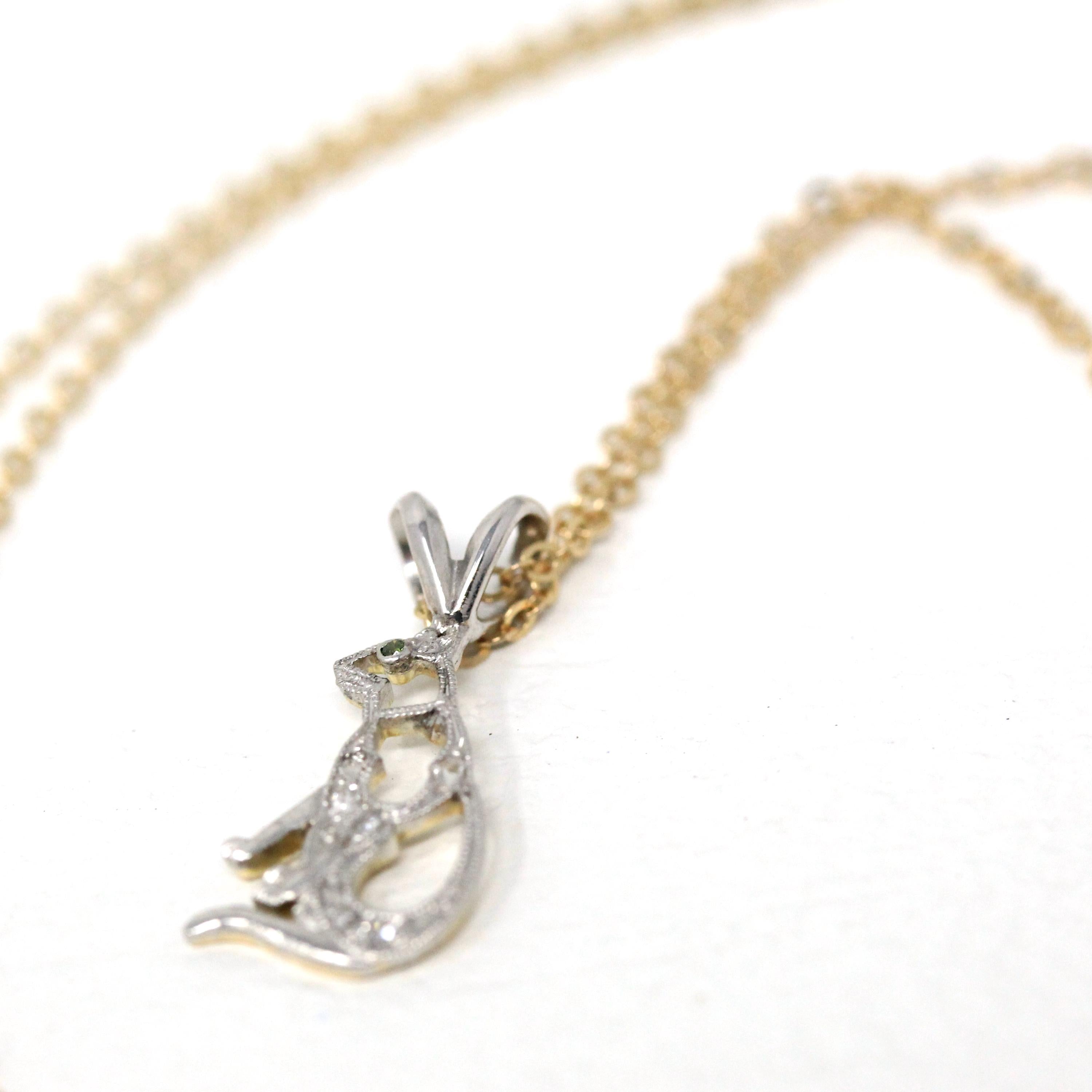 Antique Cat Charm - Art Deco Era Platinum and 14k Yellow Gold Figural Feline Pendant - Circa 1920's Kitty Diamond Converted Fine 20s Jewelry