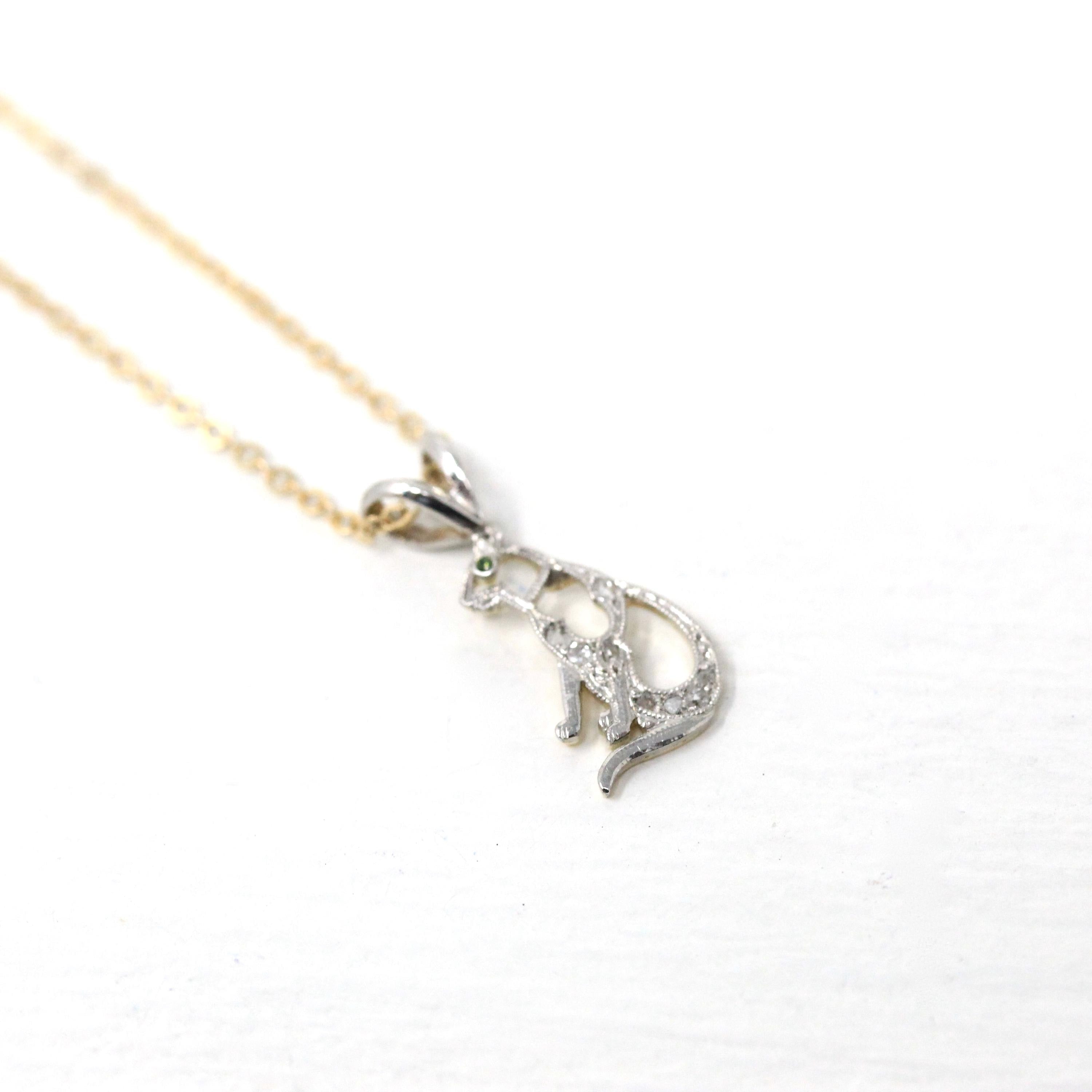 Antique Cat Charm - Art Deco Era Platinum and 14k Yellow Gold Figural Feline Pendant - Circa 1920's Kitty Diamond Converted Fine 20s Jewelry